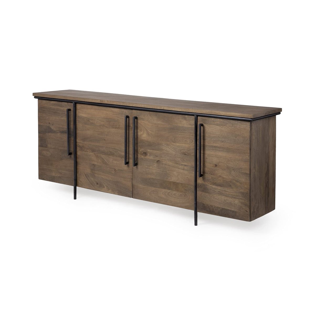 HomeRoots Brown, Black Indian Mango Wood, Metal Brown Solid Mango Wood Finish Sideboard with 4 Door Cabinets