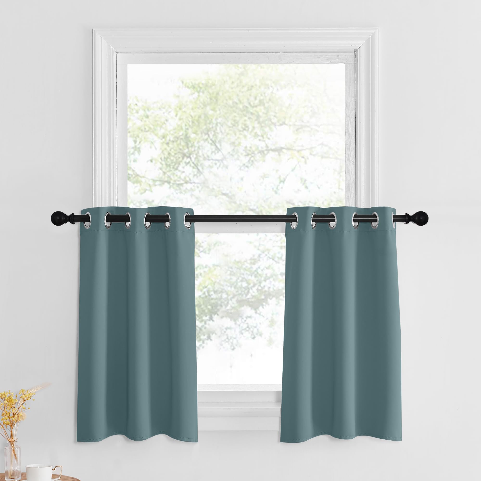 Nicetown Kitchen Blackout Valances, Short Cafe Curtains Room Darkening Small Bathroom Window Curtain Tiers Half Window Short Curtains Treatment Grommet Top (2 Panels, 29X30 Inches, Greyish Blue)
