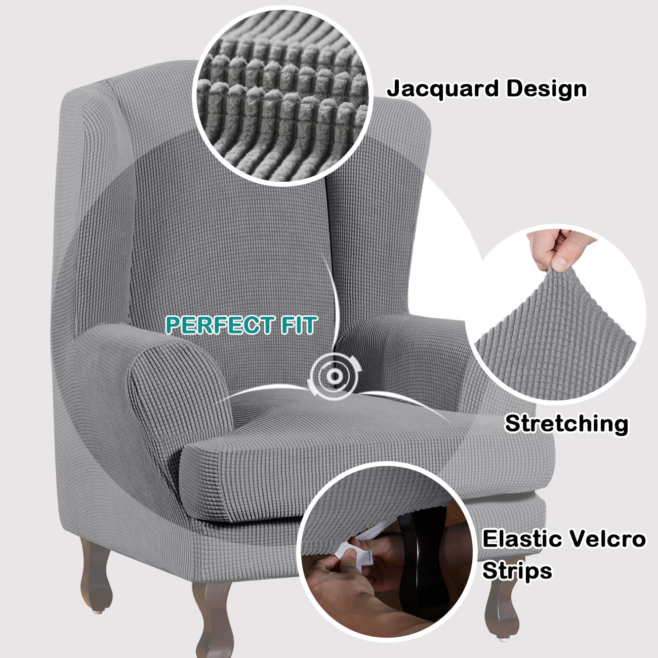 Turquoize Wingback Chair Covers 2 Piece Wing Chair Slipcover Stretch Slipcovers For Wingback Chairs Wing Chair Cover Spandex Jacquard Fabric With Elastic Bottom Non-Slip Furniture Cover, Dove