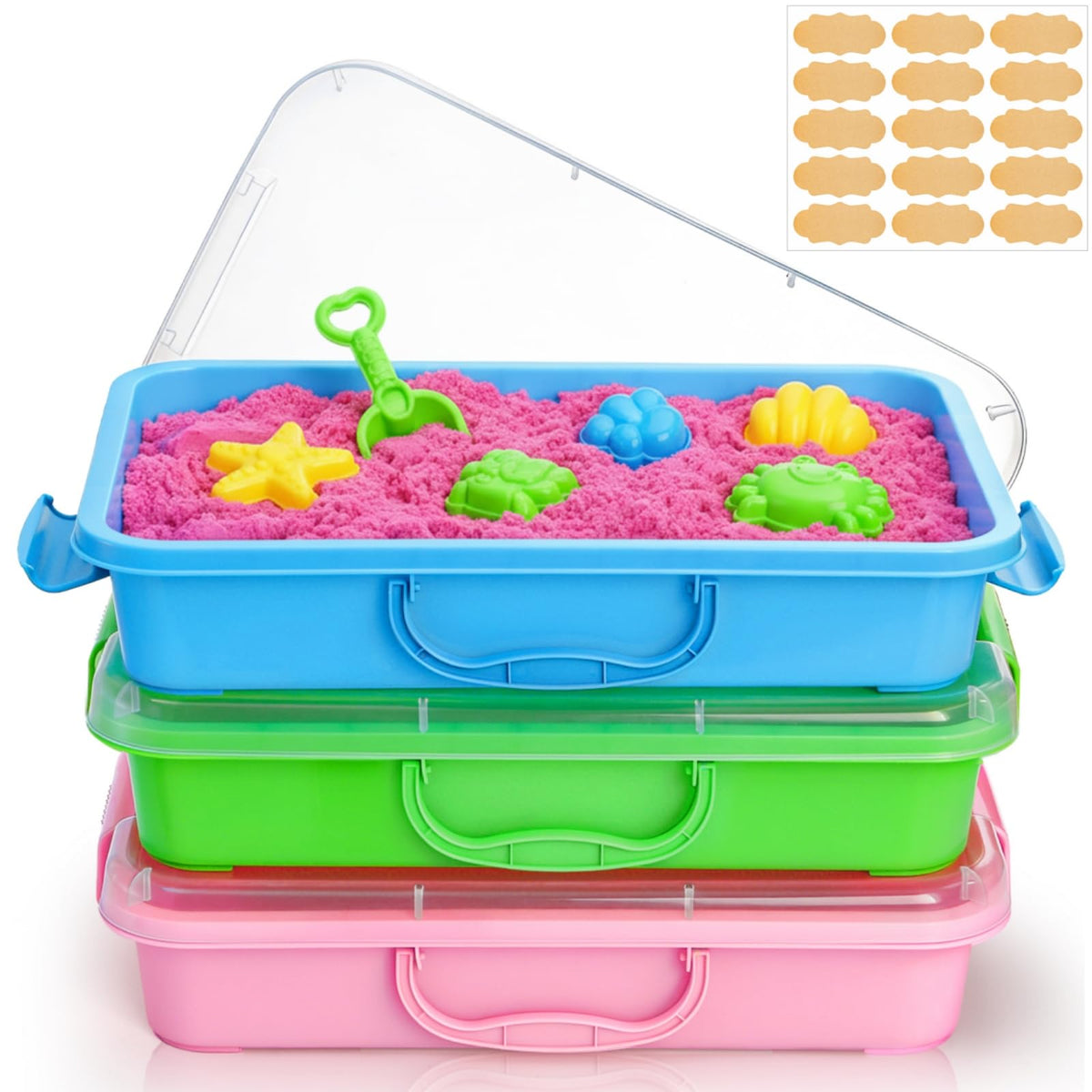 Acshio 3 Pack Plastic Sensory Bins with Handle, 15 Stickers