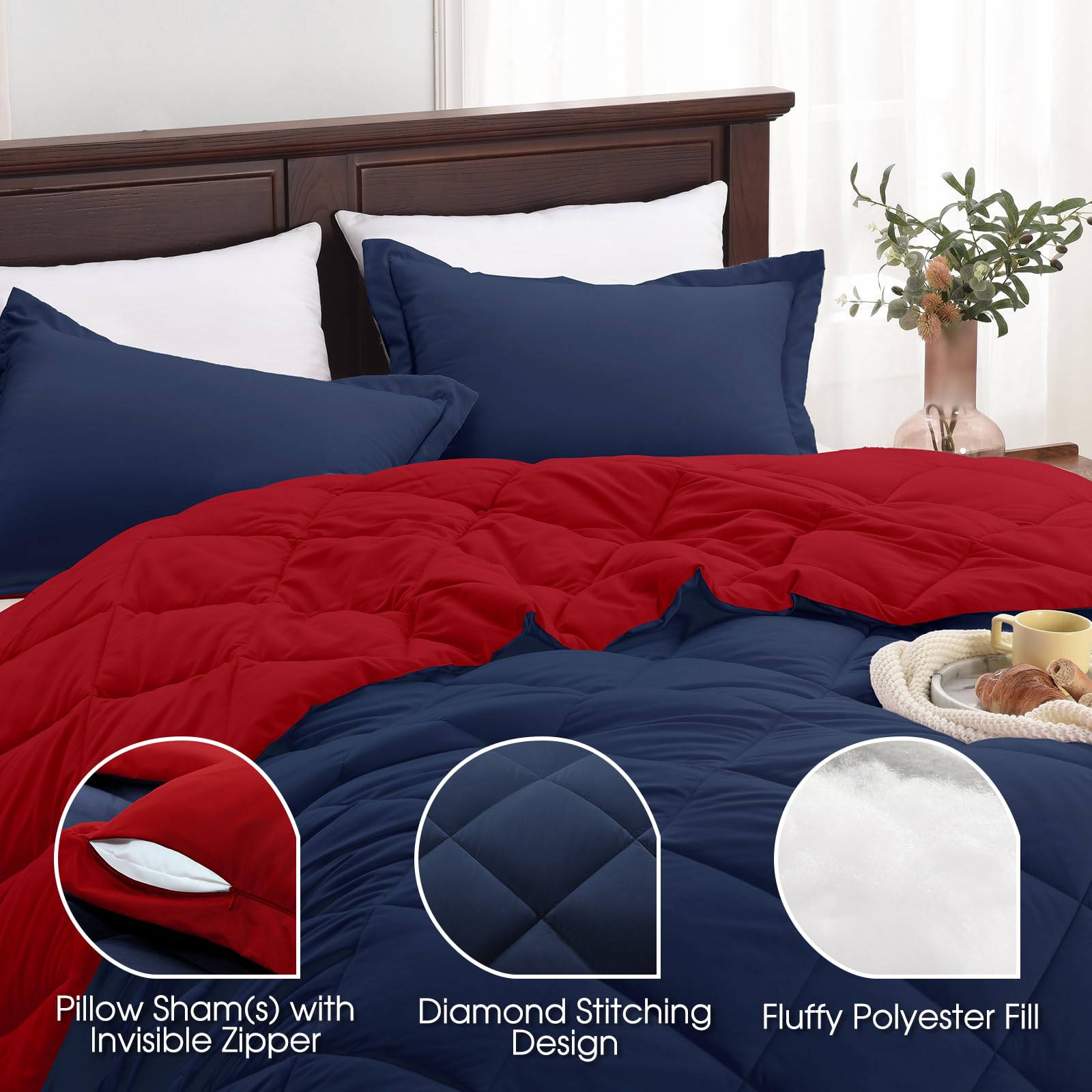 Basic Beyond King Size Comforter Set - Navy And Red Comforter Set King Size, Reversible King Bed Comforter Set For All Seasons, Navy/Red, 1 Comforter (104'X92') And 2 Pillow Shams (20'X36'+2')