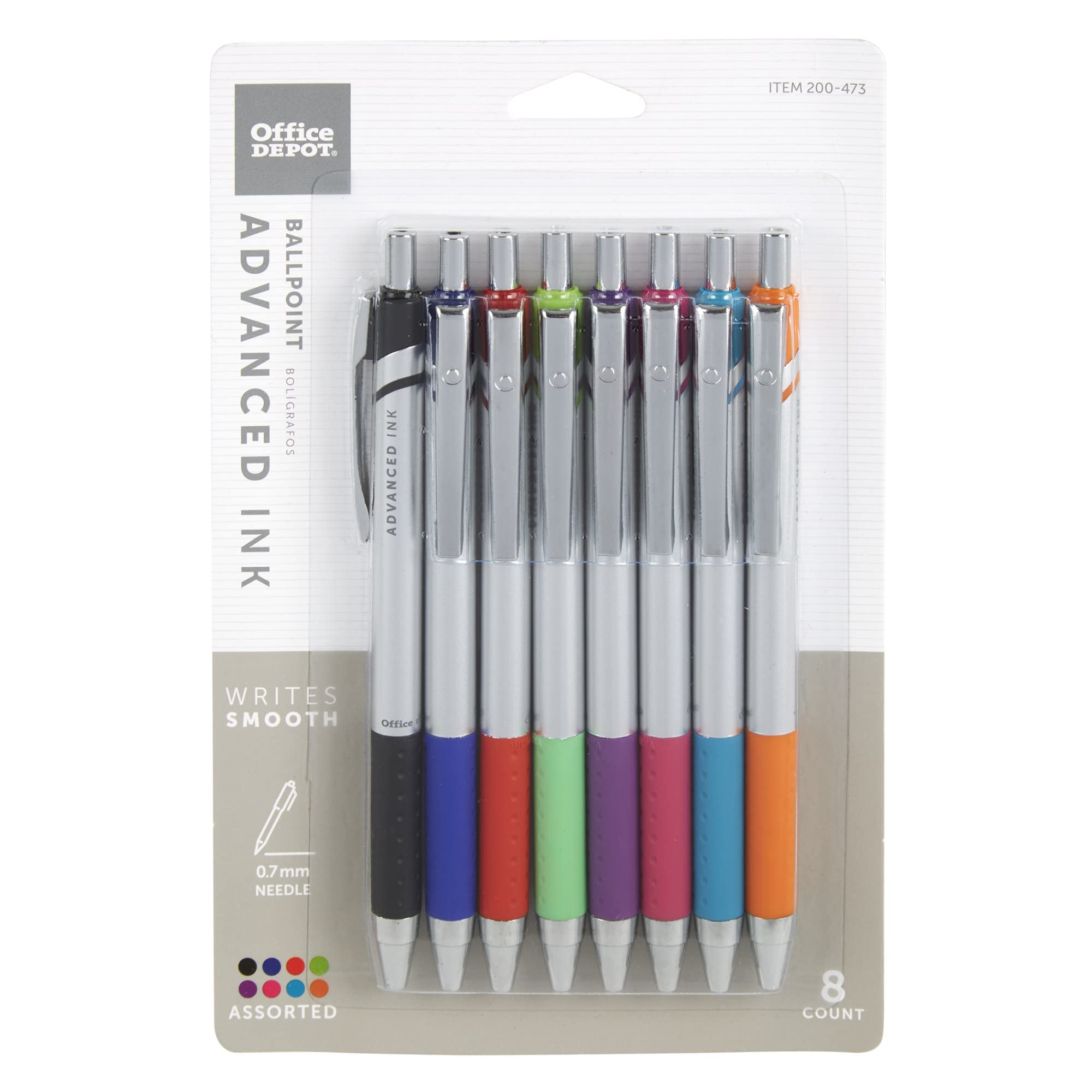 Office Depot Advanced Ink Retractable Ballpoint Pens, Needle Point, 0.7 Mm, Assorted Barrels, Assorted Ink Colors, Pack Of 8