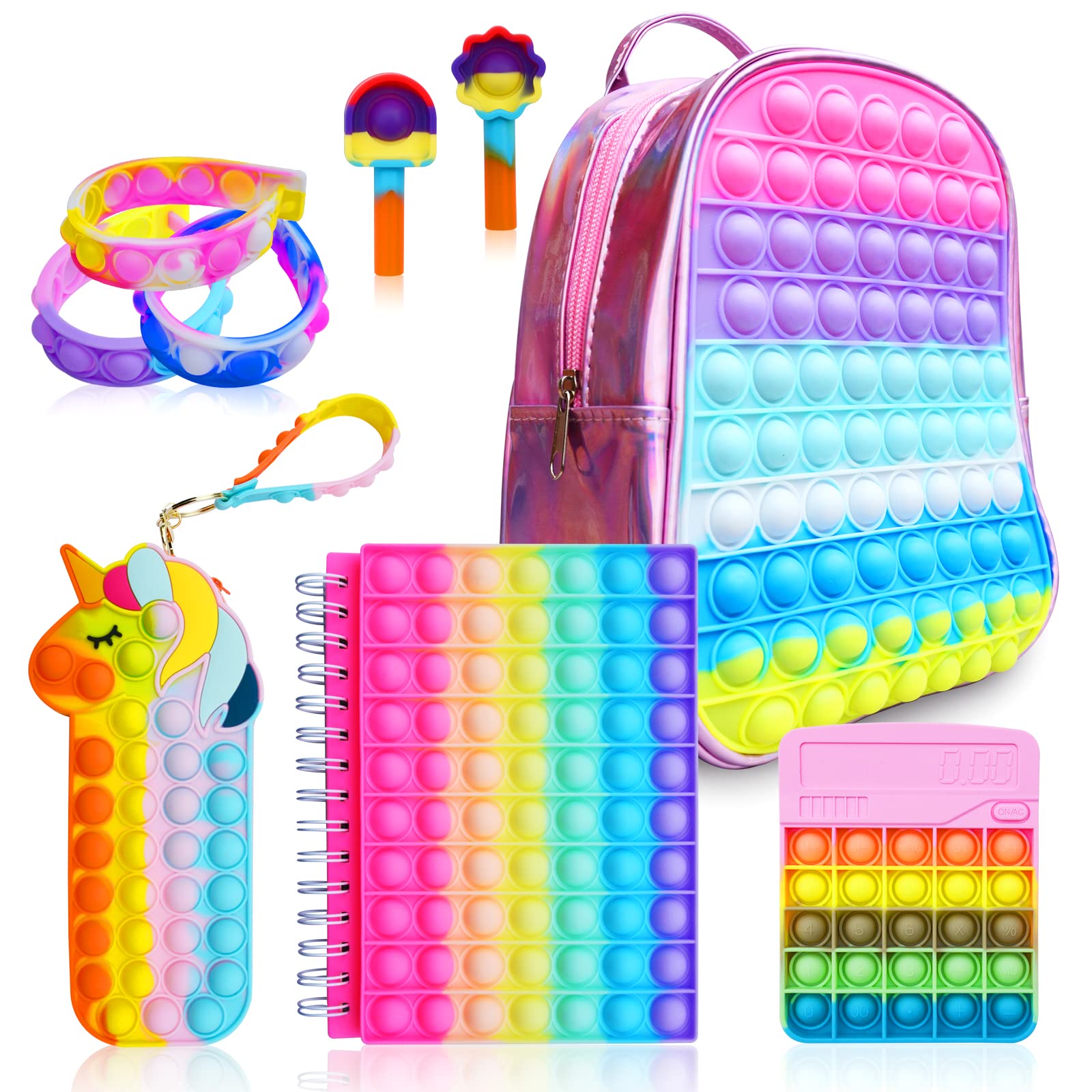 Buquehm Pop Fidget Backpack For Girls, Pop It Bags&Pop It Notebook And Unicorn Pencil Case For Kids' Fidget School Supplies Stre