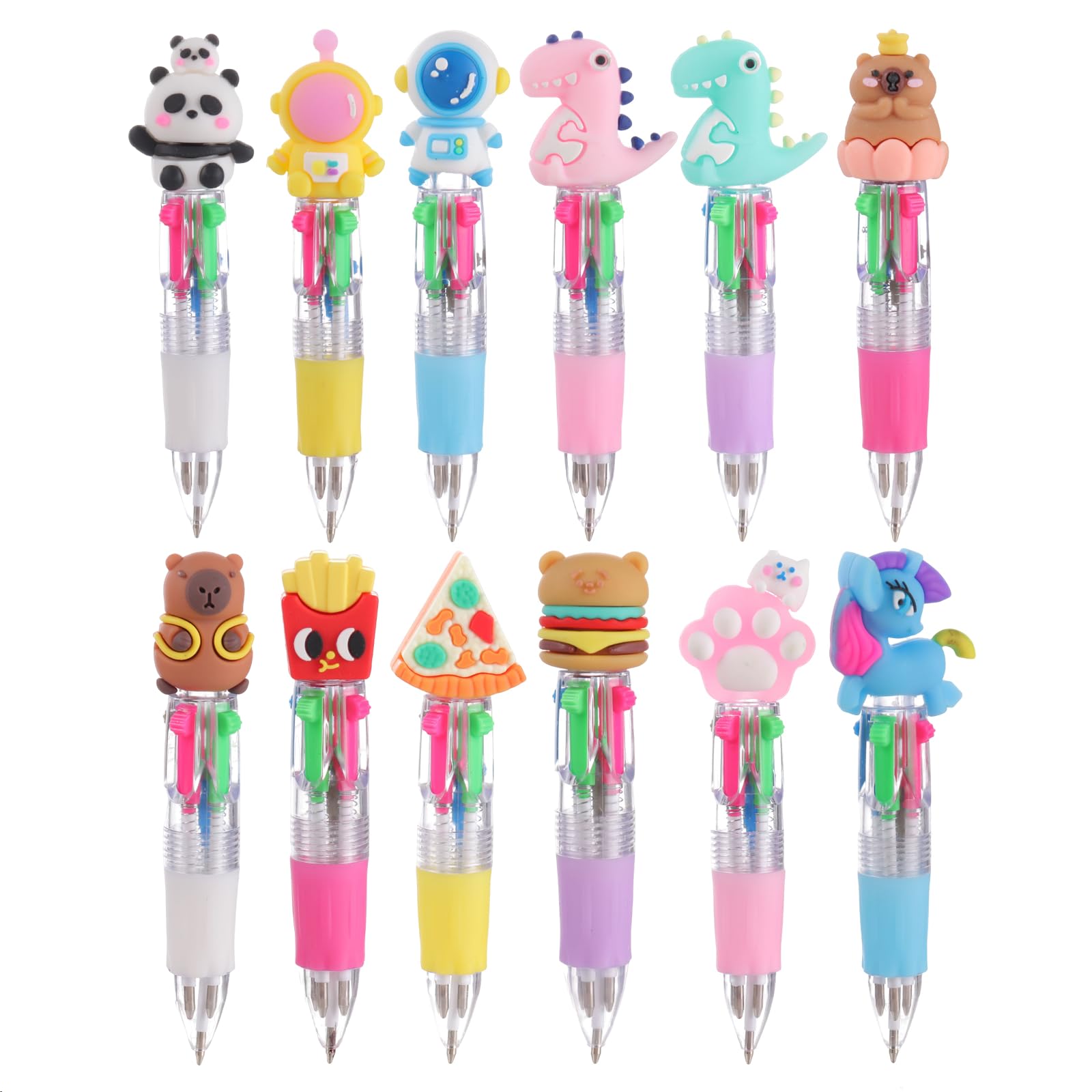 VOLLYOO 12 PCS Mini Multicolor Pen in One 4-in-1 Cute Retractable Ballpoint Pens 4 color Cartoon Pens for Office School Supplies