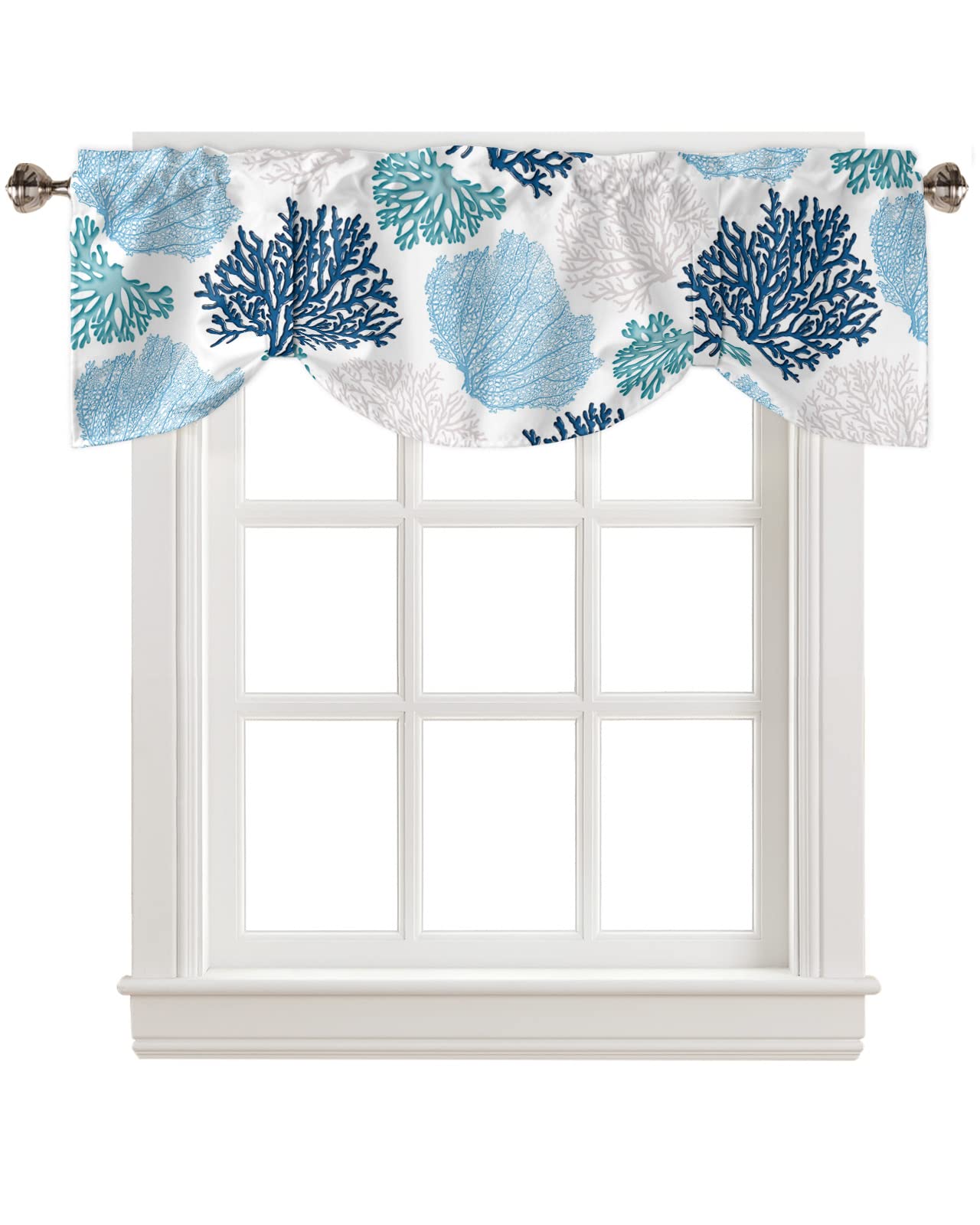 Tie Up Valance For Windows Nautical Coastal Ocean Coral Curtains Valances Rod Pocket Valance Window Treatments Beach Navy Blue T