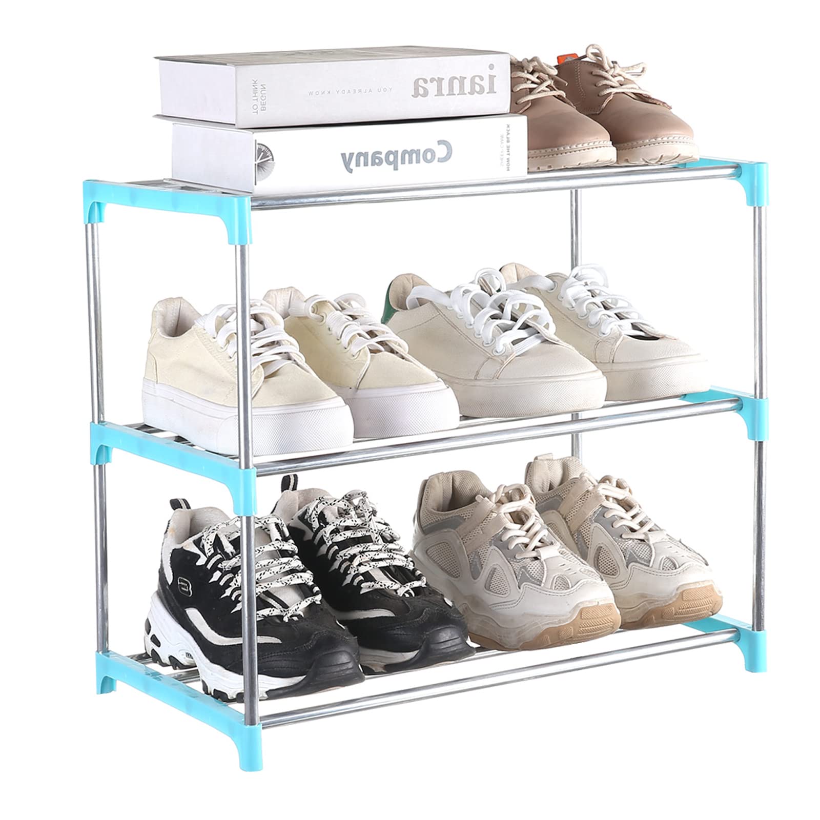 Fouews Small Shoe Rack, Narrow Stackable Shoe Shelf Organizer For Entryway, Doorway And Bedroom Closet (3-Tier, Blue)