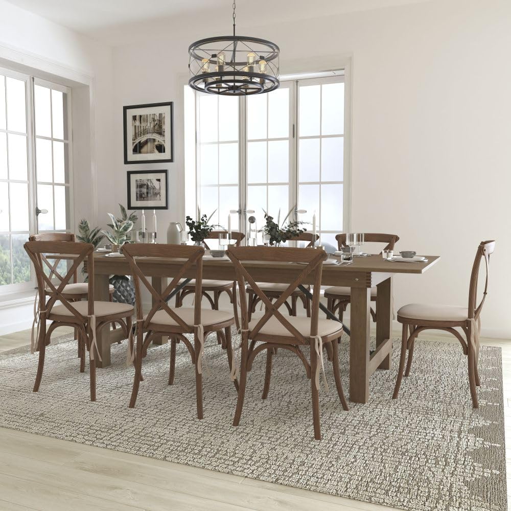 Flash Furniture HERCULES Series 8' x 40'' Antique Rustic Folding Farm Table Set with 8 Cross Back Chairs and Cushions