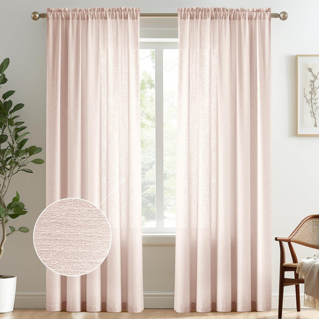Melodieux Light Pink Semi Sheer Curtains 84 Inches Long for Living Room, Bedroom Linen Look Rod Pocket Window Privacy Sheer Drap