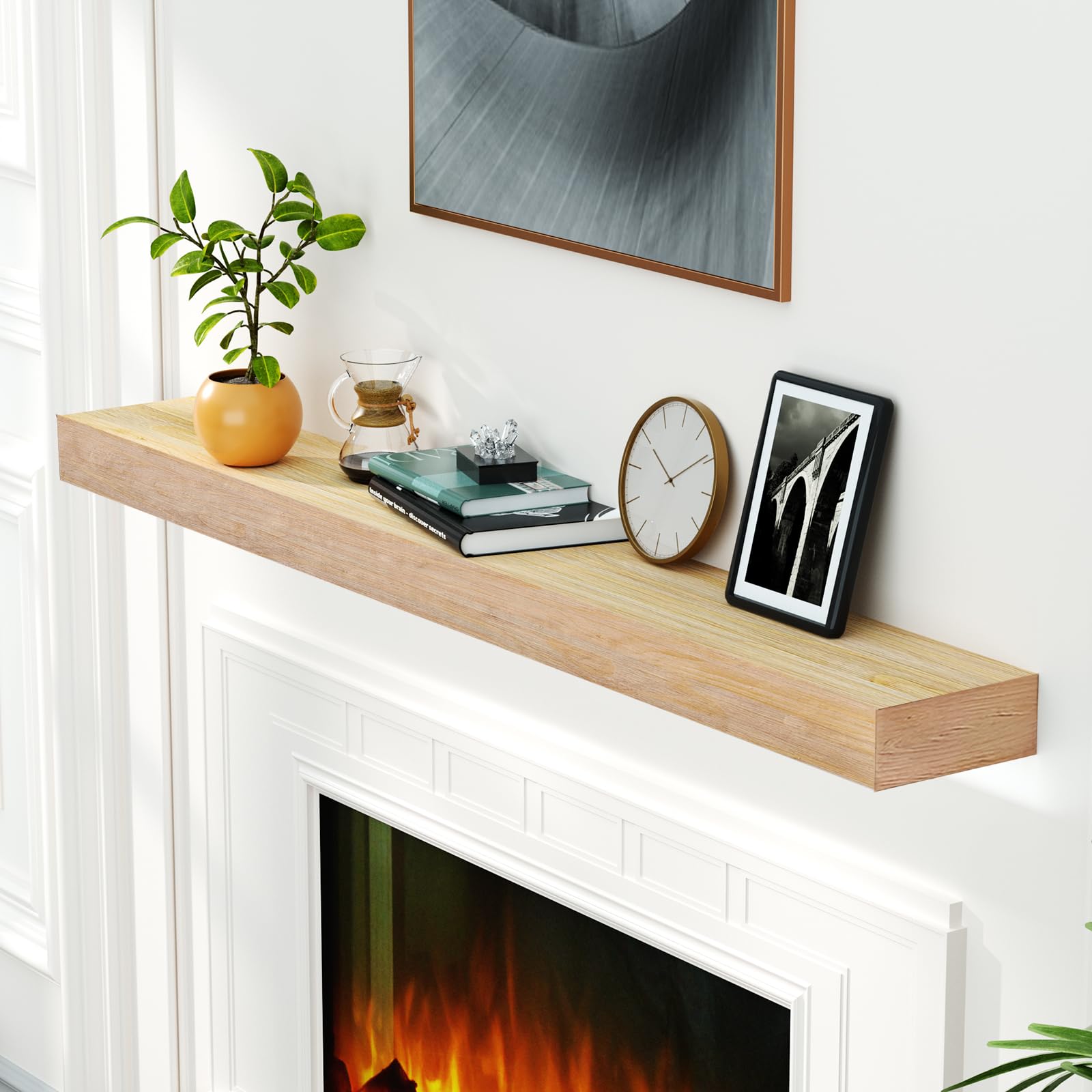 ROOMTEC Fireplace Mantel,72 Wood Floating Fireplace Shelves,Wall Mounted Wooden Display Shelving,Handcrafted Wood Brack,Natural 