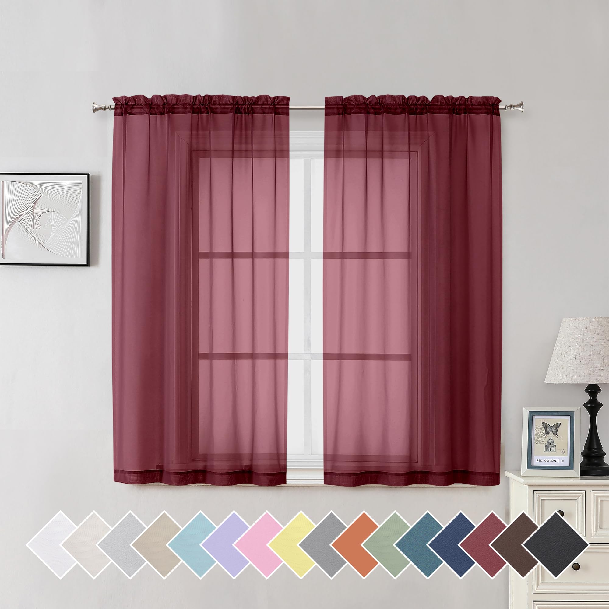 Aiyufeng Burgundy Sheer Curtains For Bedroom - Beautiful Semi Sheer Curtains Privacy For Bedroom Bathroom Kitchen Dining Office