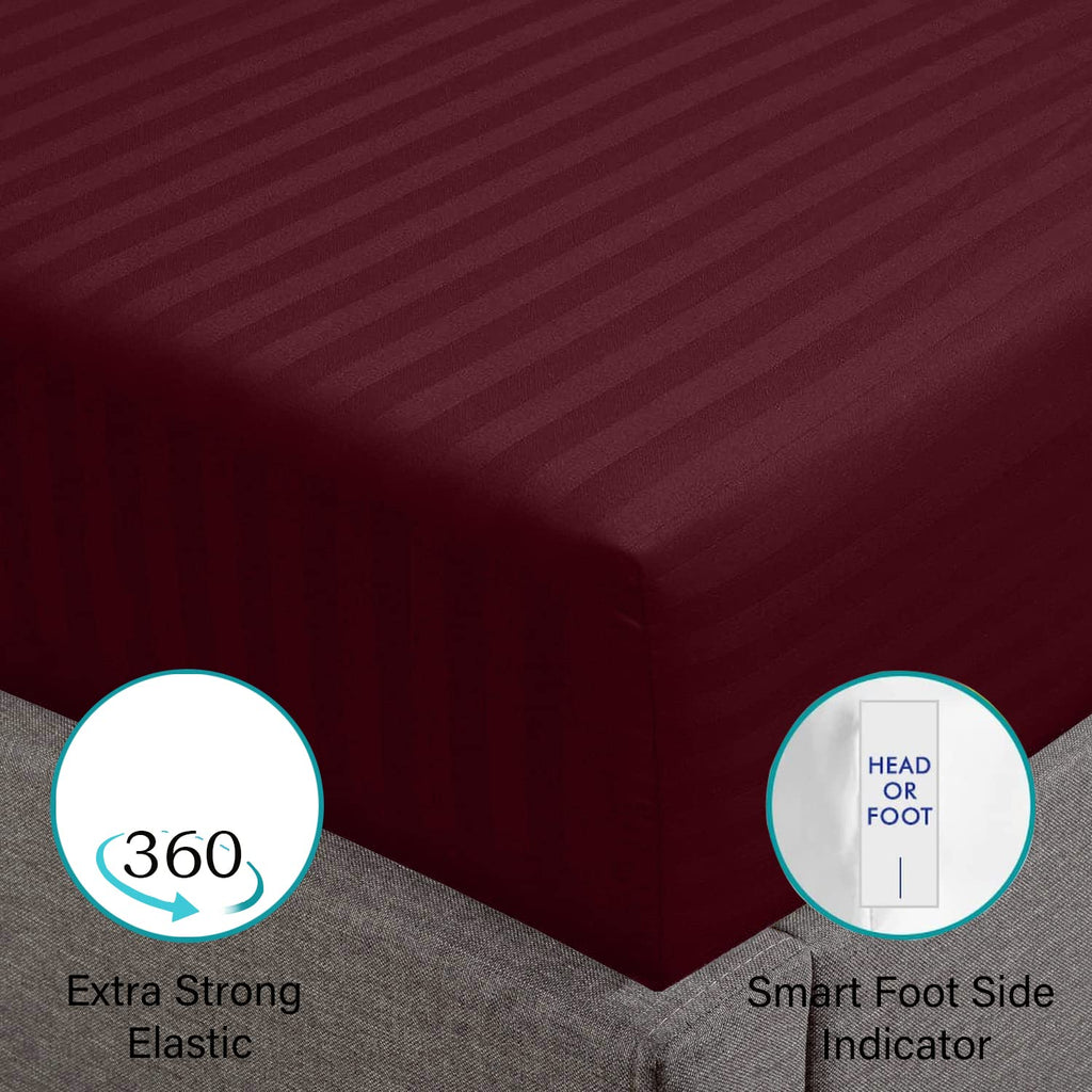 Feather & Stitch 100% Cotton 1 Piece Damask Stripe Twin Fitted Sheet 500 Thread Count Burgundy 18' Extra Deep Pocket Luxury Sateen Weave Stretchable Boxer Elastic Fits Mattress Perfectly
