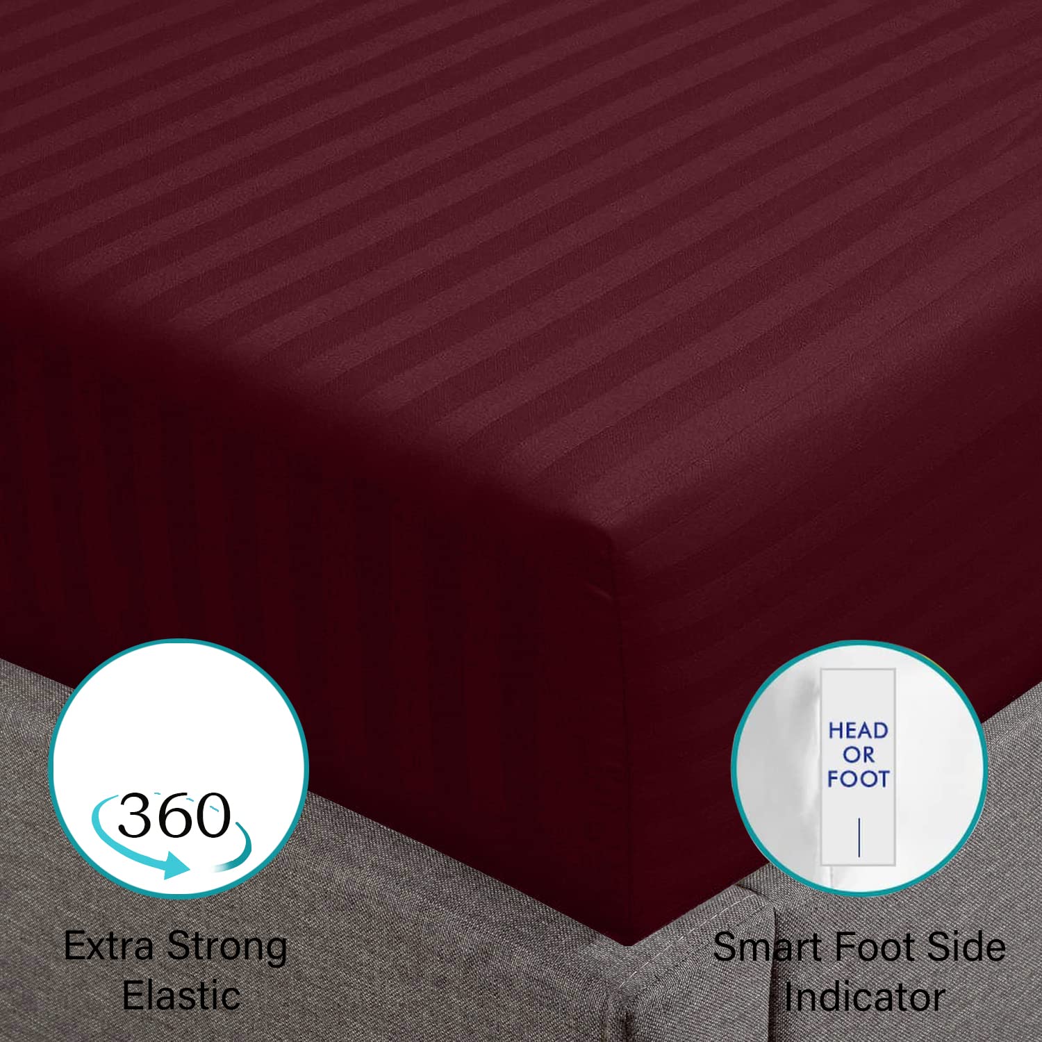 Feather & Stitch 100% Cotton 1 Piece Damask Stripe Full Fitted Sheet 500 Thread Count Burgundy 18' Extra Deep Pocket Luxury Sateen Weave Stretchable Boxer Elastic Fits Mattress Perfectly