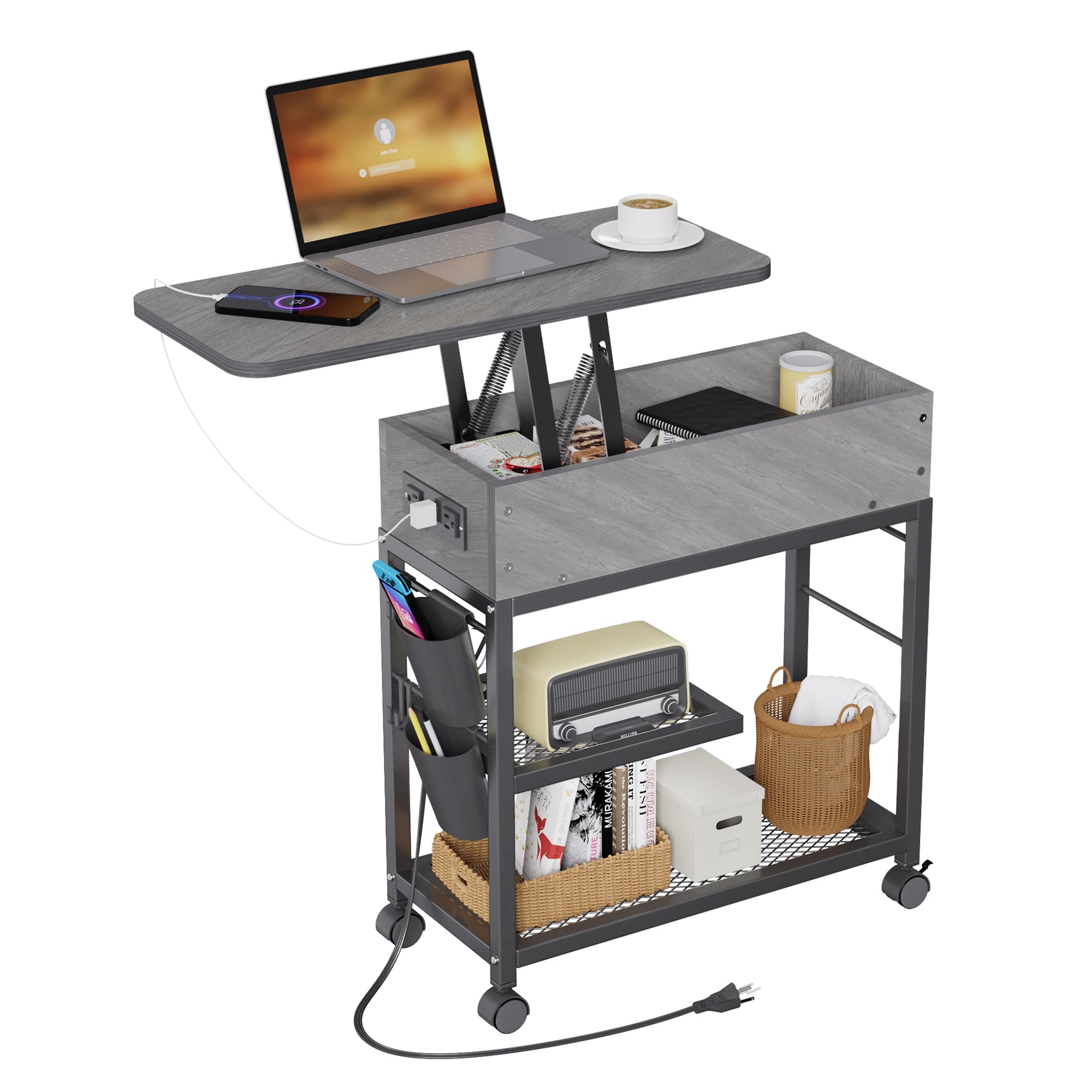 Colima Lift Top End Table With Charging Station And Wheels, Sofa Side Table With Usb Port & Ac Outlets, Movable Bedside Nightstand With Side Bag For Office Living Room Bedroom(Gray)