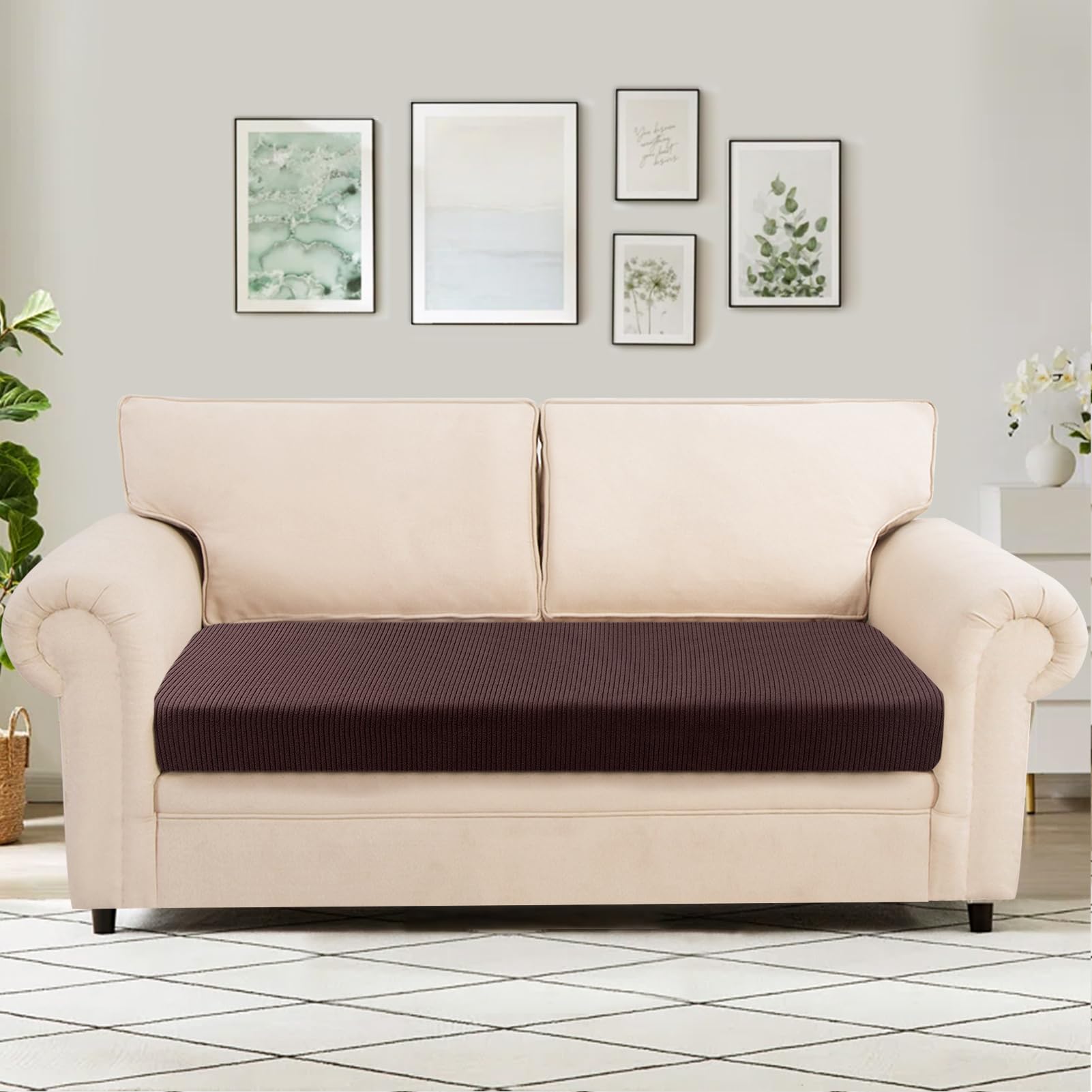 Searchi Stretch Jacquard Sofa Couch Cushion Covers Replacement Cushion Slipcovers Stretch Sofa Seat Cover Furniture Protector Sofa Slipcover Soft With Elastic Bottom(Medium, Reddish Brown)