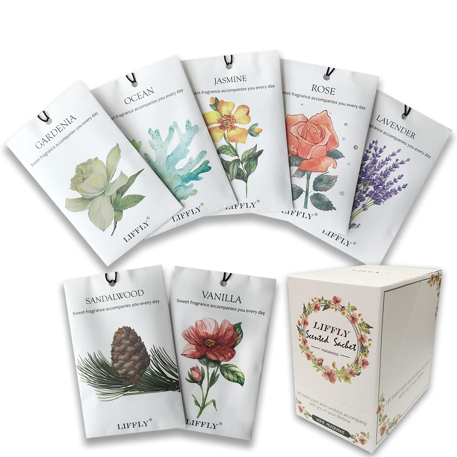 LIFFLY 14 Packs Scented Sachets for Drawers and Closets Lavender, Rose, Jasmine, Ocean, Vanilla, Sandalwood, Gardenia 7 Scent Gi