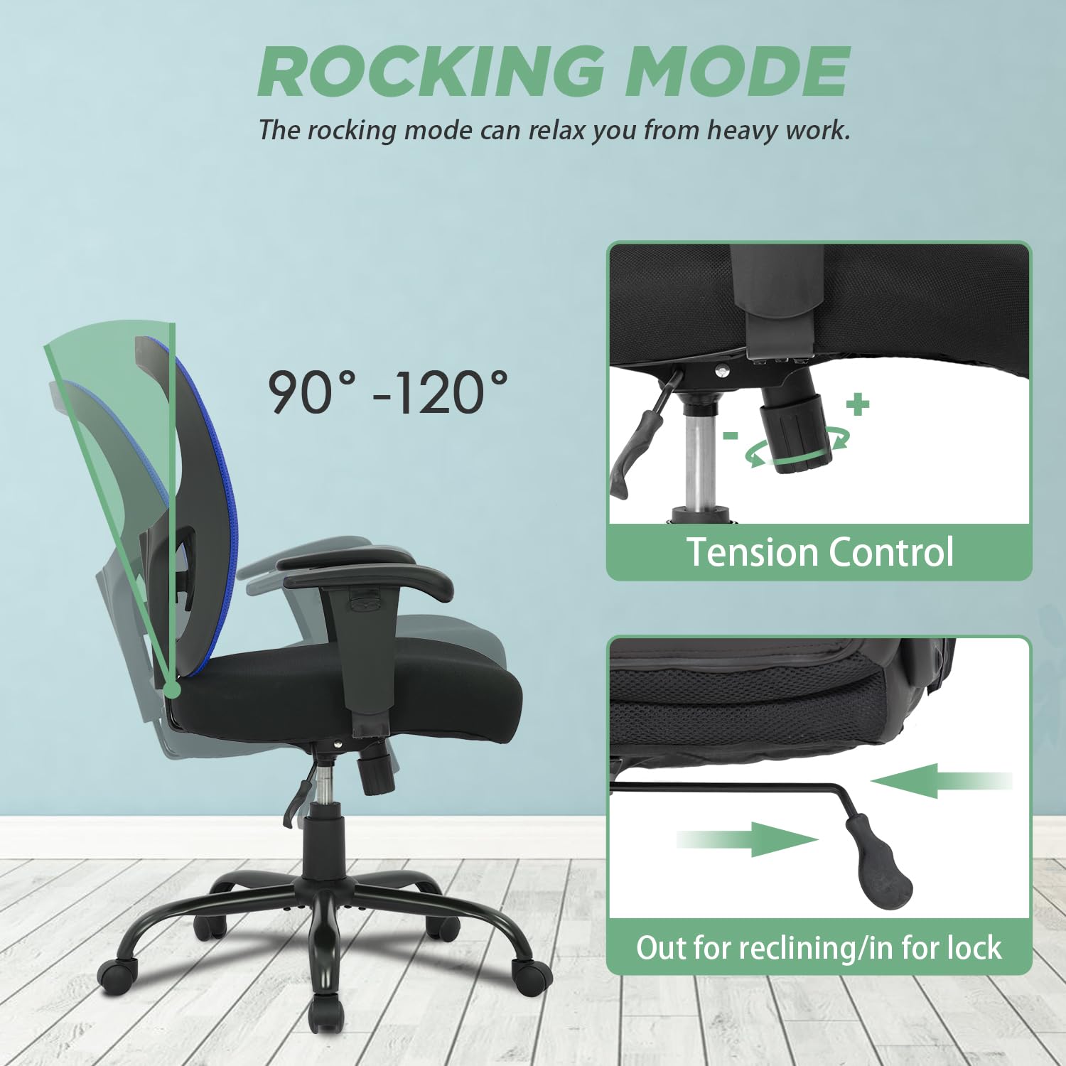 Bestoffice Big And Tall Office Chair 400Lbs Desk Chair Mesh Computer Chair With Lumbar Support Wide Seat Adjust Arms Rolling Swivel High Back Task Executive Ergonomic Chair For Home Office (Blue)