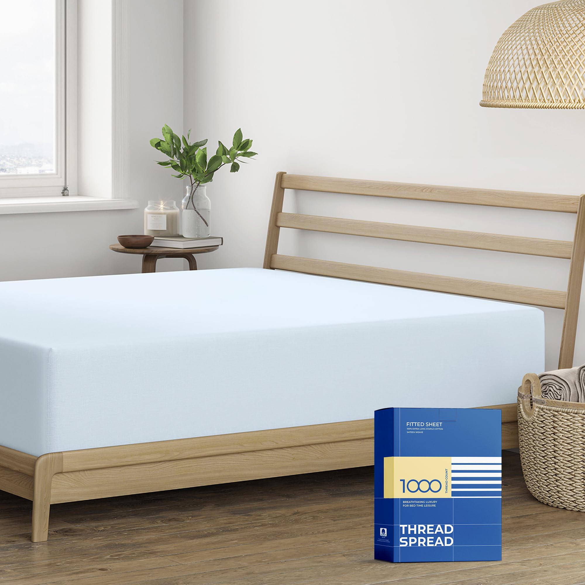 Thread Spread Luxury Egyptian Cotton California King Fitted Sheet Only - 1000 Thread Count Cal King Sheets Deep Pocket Fitted, Soft Sateen Weave Bottom Sheet - Fits Upto 18' Deep Mattress - Light Blue