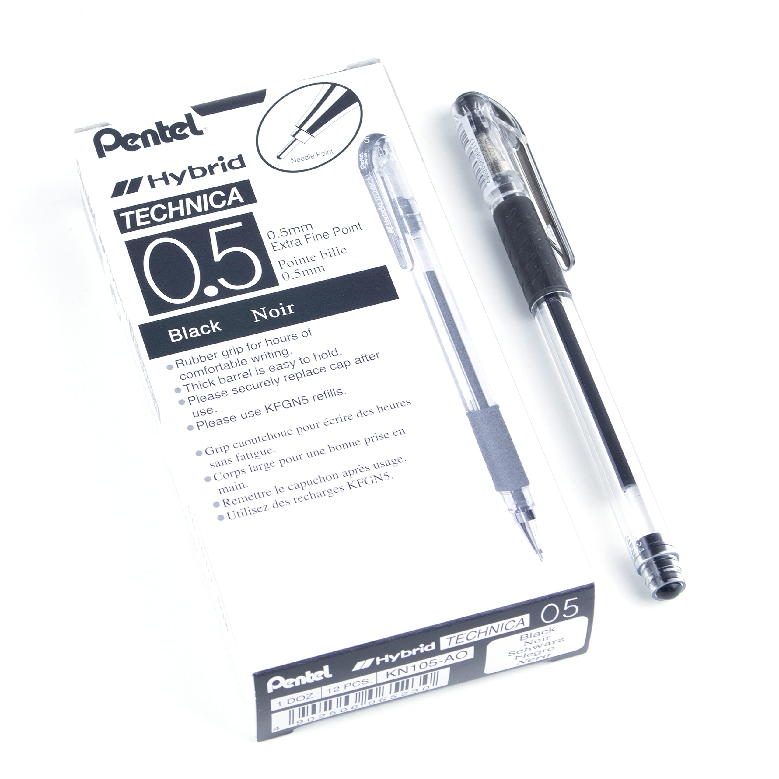 Pentel Arts Hybrid Technica 0.5 Mm Pen, Extra Fine Point, Black Ink, Box Of 12 (Kn105-A)