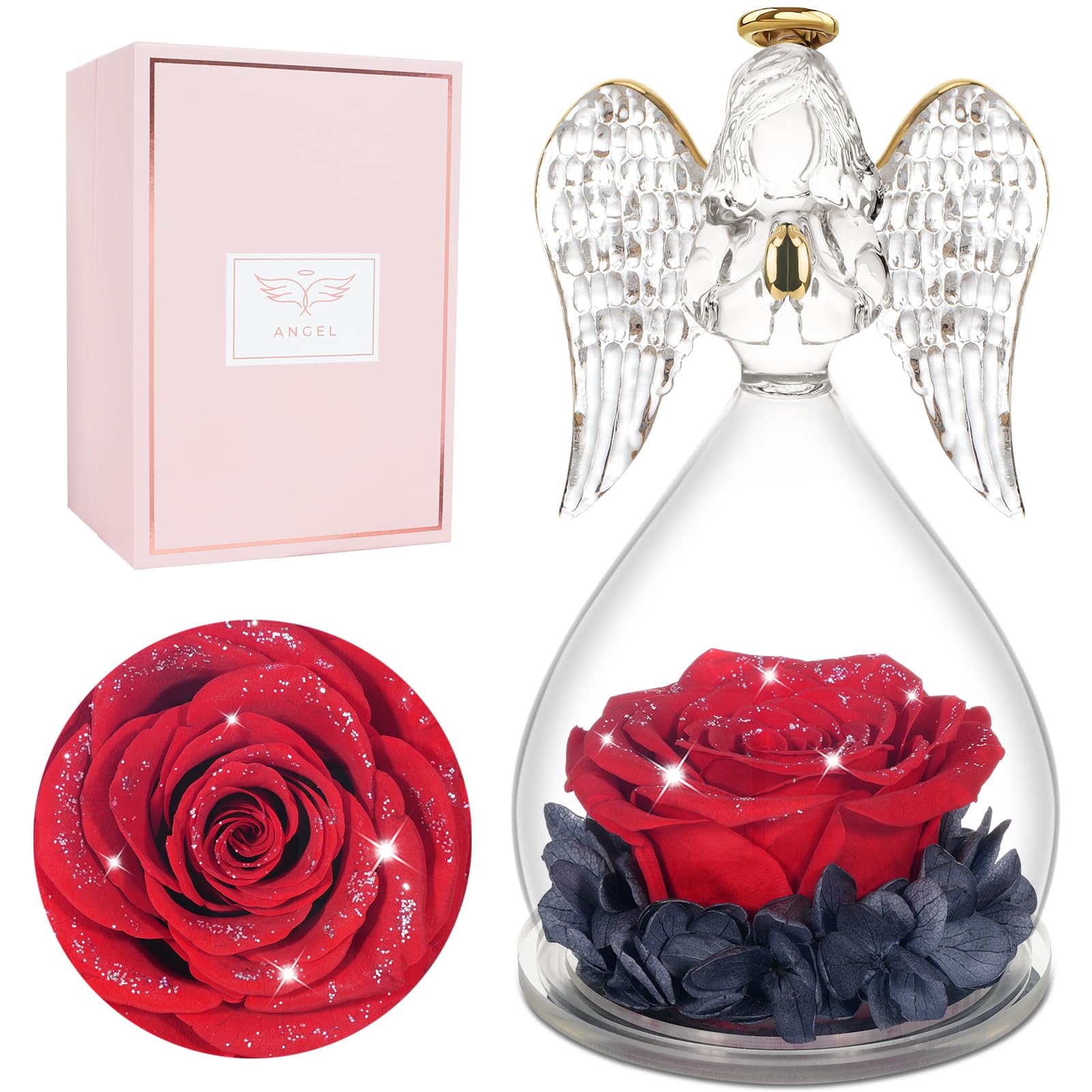 Miofula Angel Rose Birthday Gifts For Women, Preserved Rose In Glass Angel Figurines Gifts For Mom Grandma Wife, Forever Real Ro