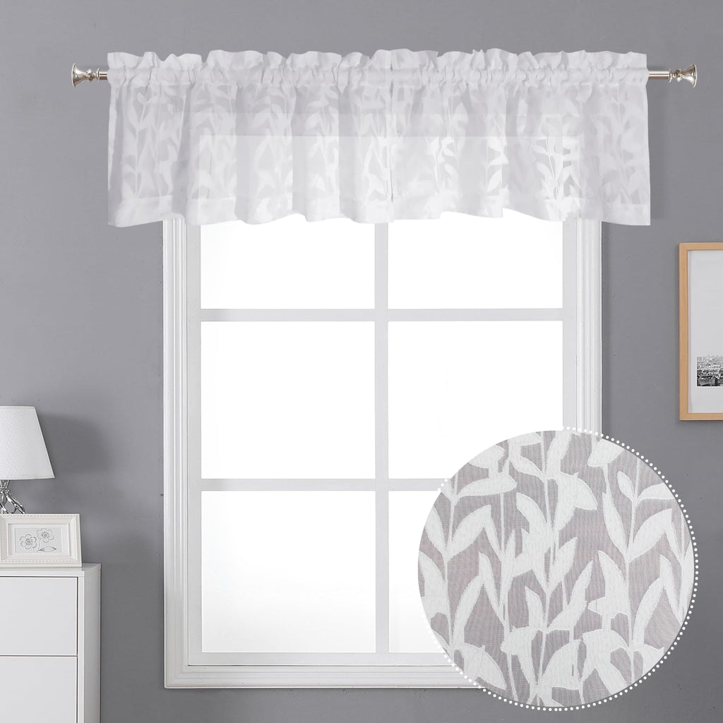 Lecloud Leia Texture White Curtains Sheer Valance 14 Inch Long 2 Pcs, Dual Rod Pockets Window Small Curtain Kitchen/Bedroom/Livi