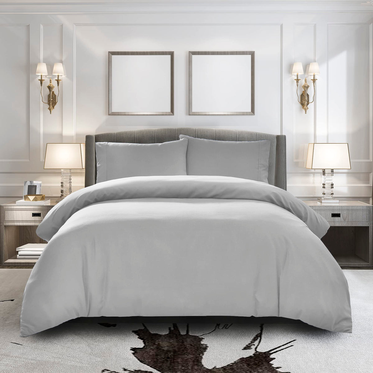Pure Bedding Duvet Cover Twin [2-Piece, Light Grey] - 1 Comforter Protector With Zipper Flap And 1 Pillowcase - Hotel Luxury 180