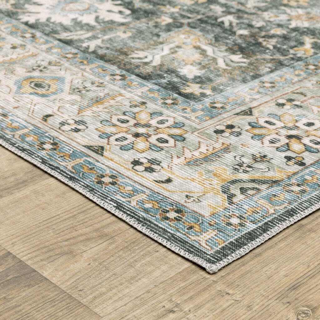 HomeRoots 510405 7 x 10 ft. Gray Charcoal Gold Brown Ivory Pale Sage & Light Blue Oriental Printed Stain Resistant Non Skid Rectangle Area Rug