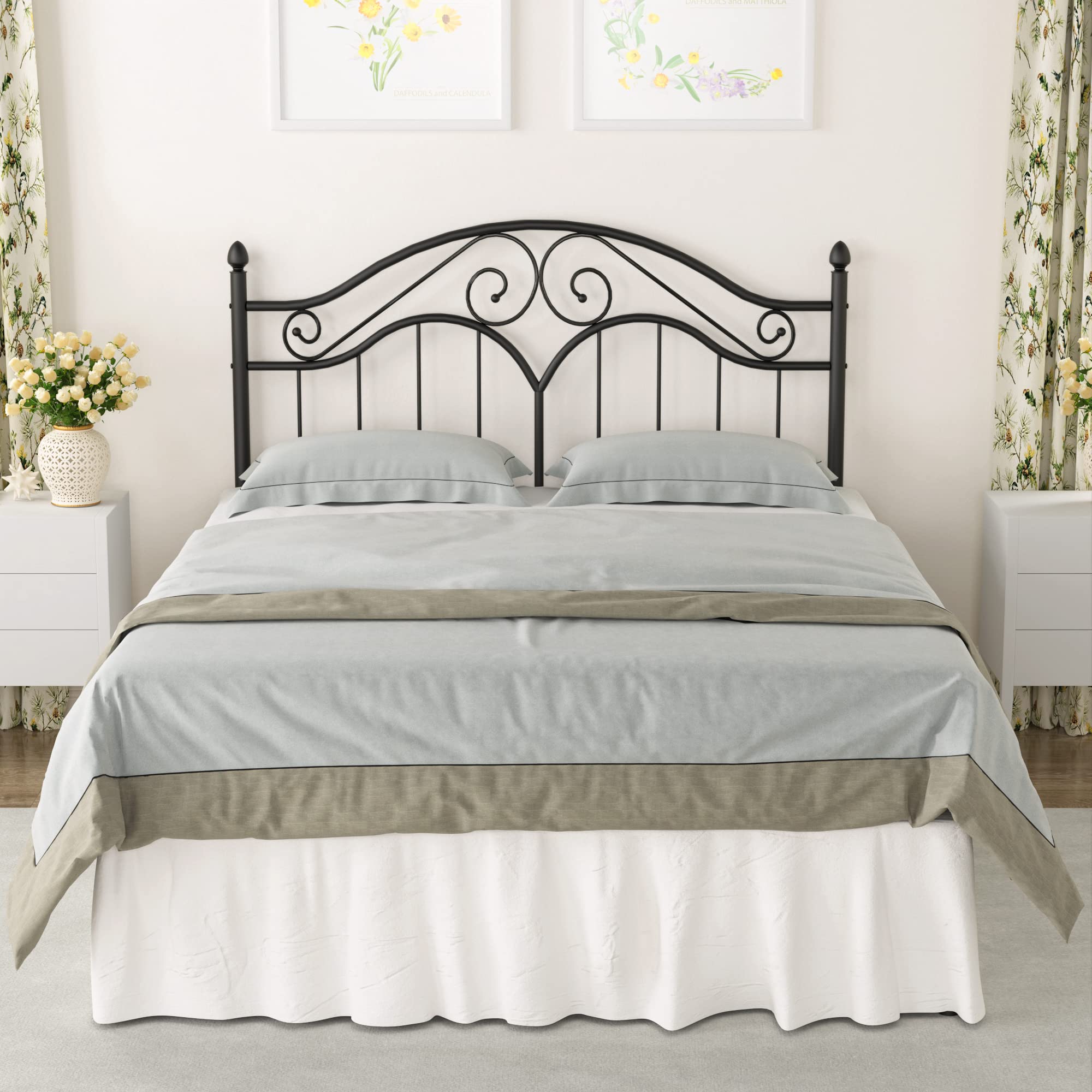 Elephance Queen Size Metal Bed Frame With Vintage Headboard,11 Inches Storage Space Platform Bed No Box Spring Needed Easy Assembly,Black