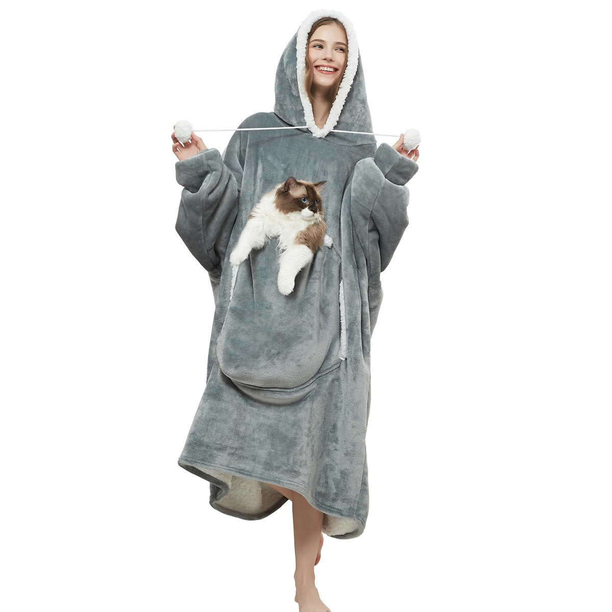 Cozystar Wearable Blanket Hoodie With Giant Cat Pouch And Pom Pom Strings Oversized Cozy Soft And Thick Sherpa Hooded Sweatshirt
