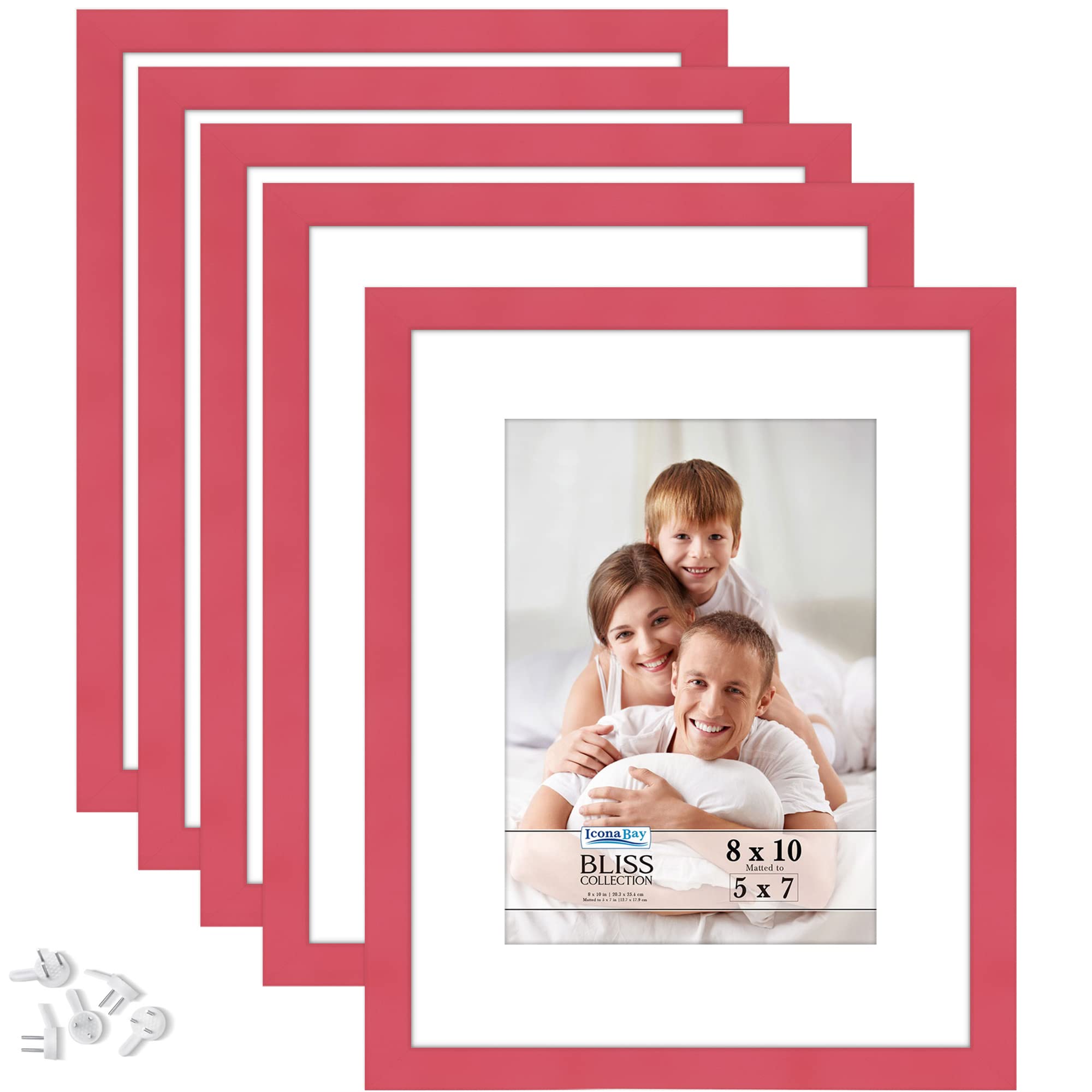 Icona Bay 8x10 Picture Frames with Removable Mat for 5x7 Photos (Red, 5 Pack), Modern Style Wood Composite Frames, Table Top or 