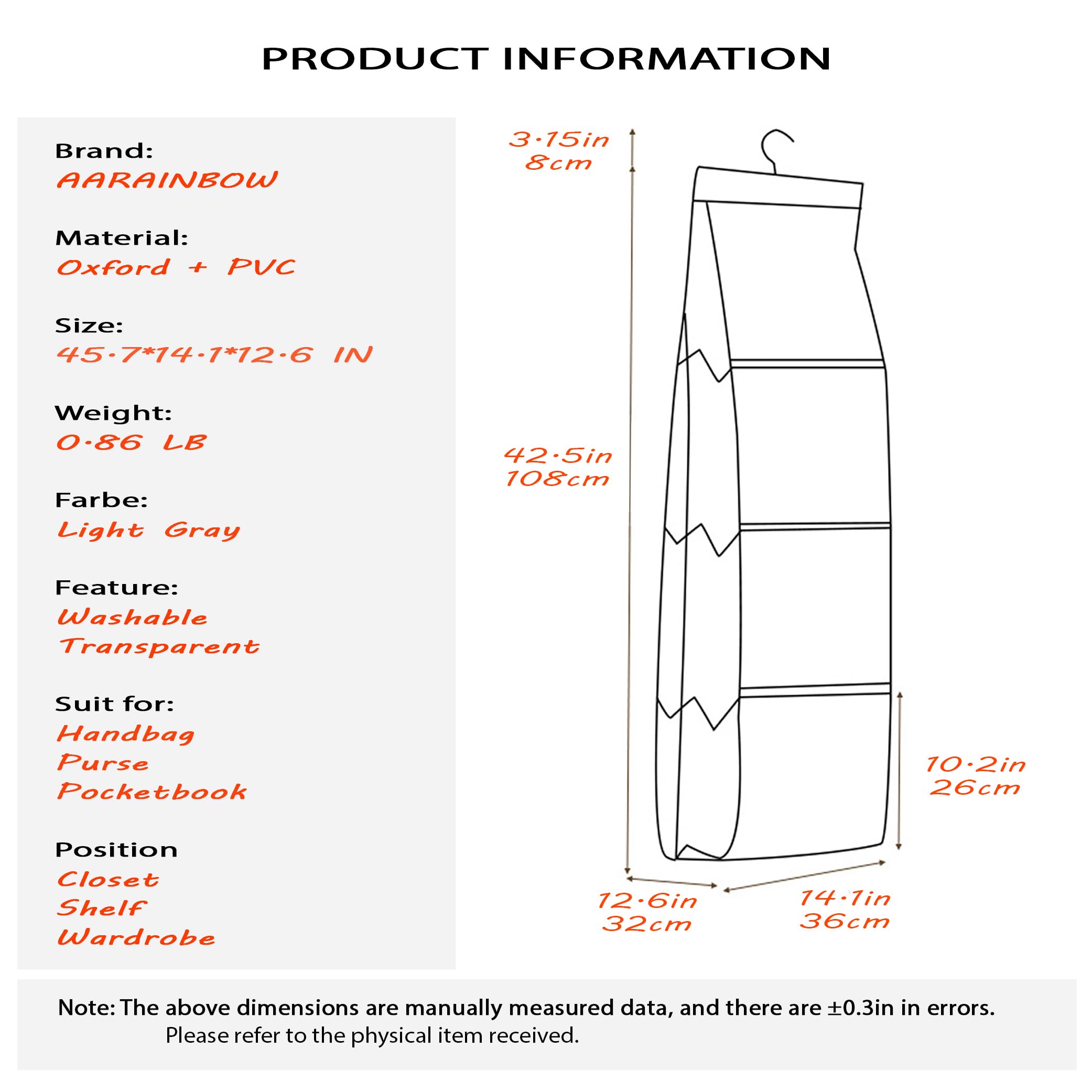 Aarainbow 2 Packs Hanging Handbag Purse Organizer For Closet, 8 Pockets Space Saving Purse Storage Organizers, Wardrobe Bag Organizer Pocketbook Organizer, 45.7 L X 14.1W (2 Light Gray)