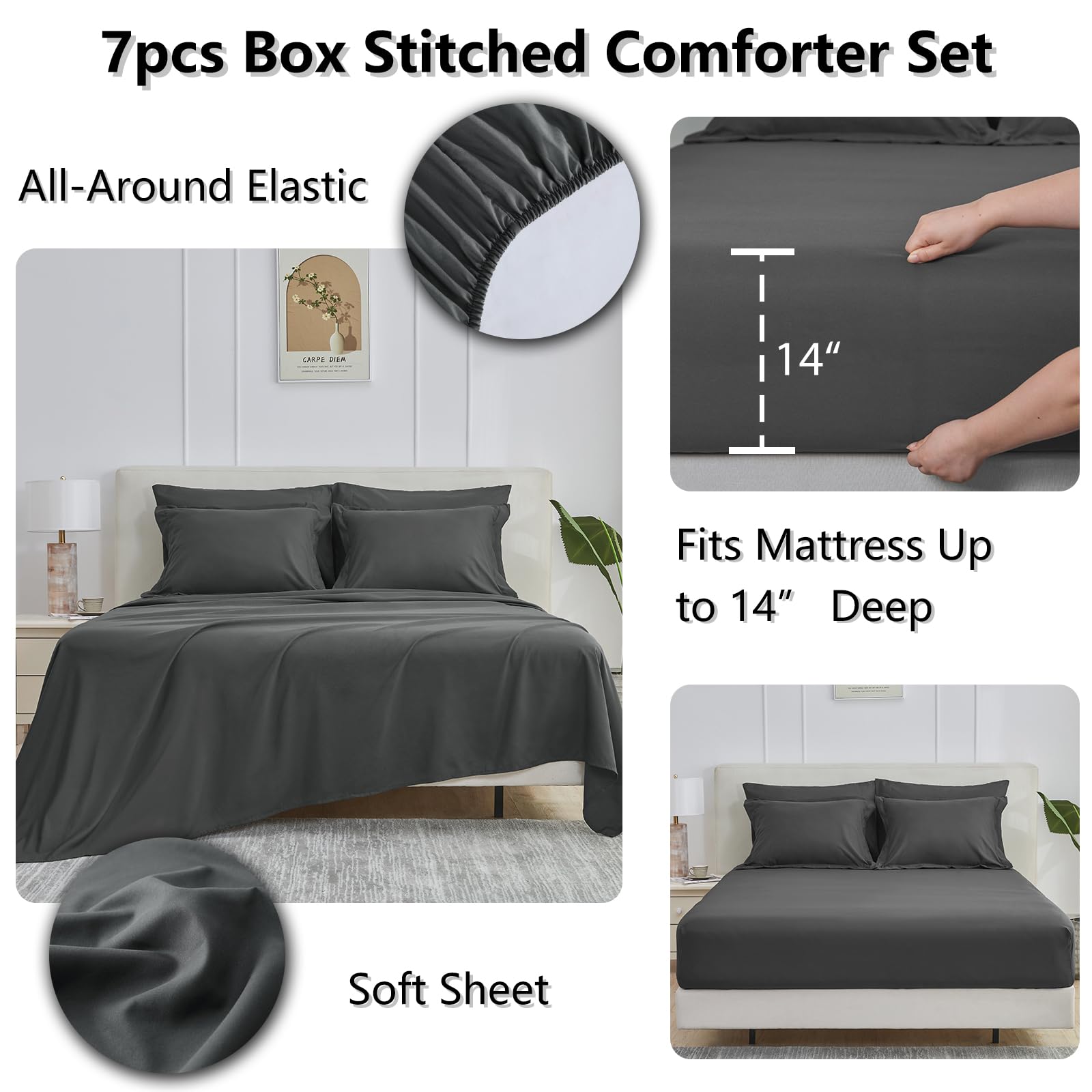 Cozylux King Size Comforter Set - 7 Pieces Bed In A Bag King, Complete Bedding Sets Bed Set For All Season With Comforter, Flat Sheets, Fitted Sheet, Pillowcases & Shams Dark Grey