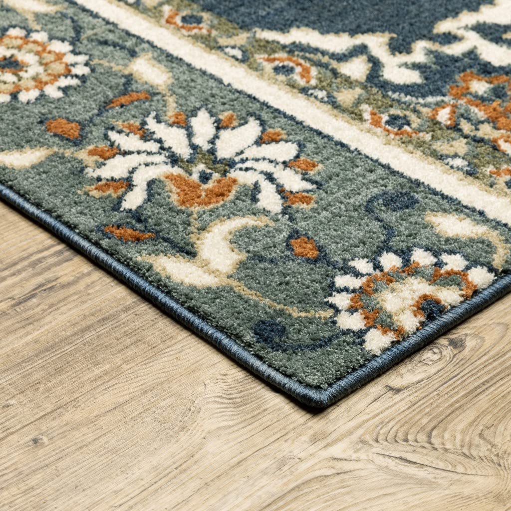 HomeRoots Polyester 5’ x 7’ Blue and Beige Floral Medallion Indoor Area Rug