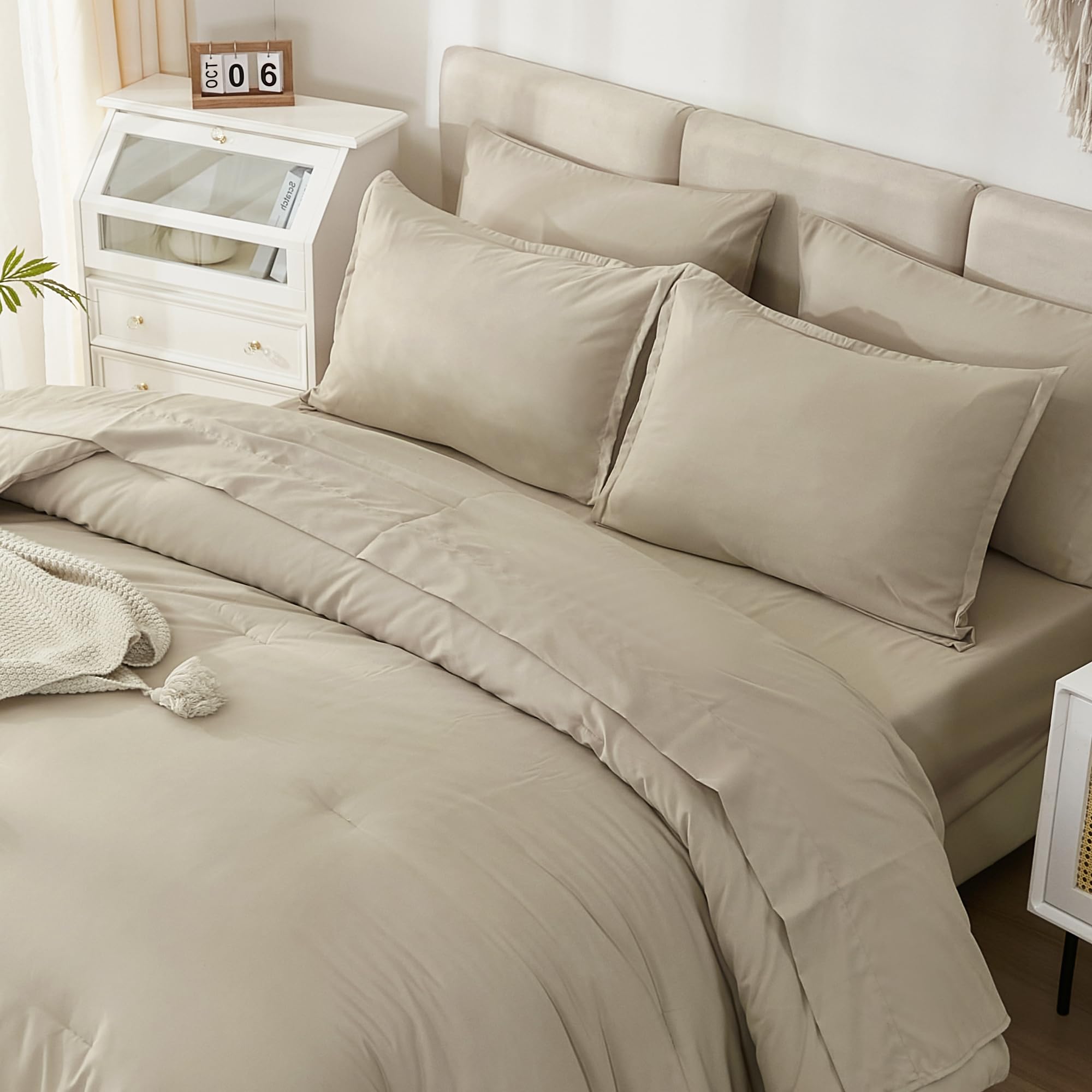 Litanika Comforter Queen Size Set Khaki - 7 Pieces Bed In A Bag Queen Beddding Comforter Sets, Plain Lightweight Bed Set With Co