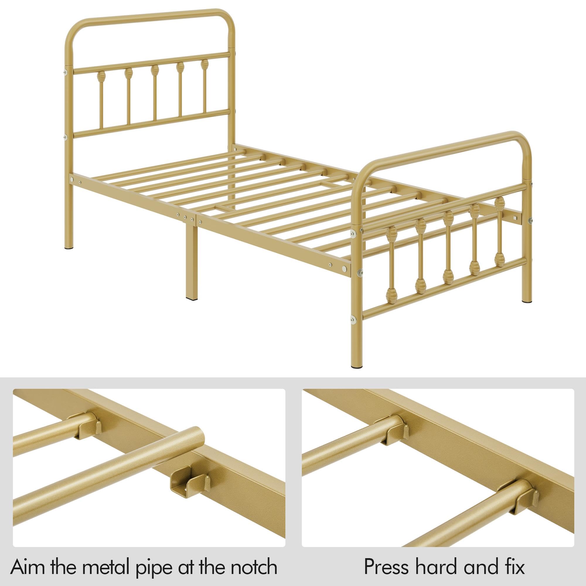 Yaheetech Classic Metal Platform Bed Frame Mattress Foundation With Victorian Style Iron-Art Headboard/Footboard/Under Bed Storage/No Box Spring Needed/Twin Size Antique Gold