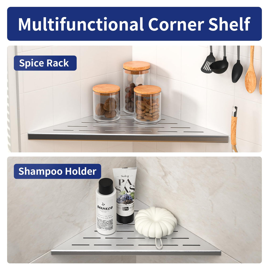 Bernkot Corner Shower Shelf, 12'' Brushed 304 Stainless Steel Slot Design Recessed Corner Shelves 2 Pack Bathroom Shelf Rack For