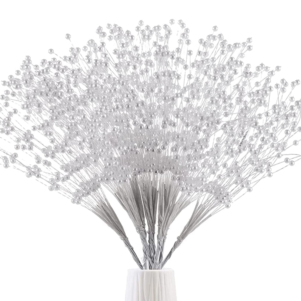 SHAOQINLIN 50pcs 4mm Pearls String Beaded Bouquet Spray Sticks for Bridal Beaded Wedding Party Table Decorations(White)