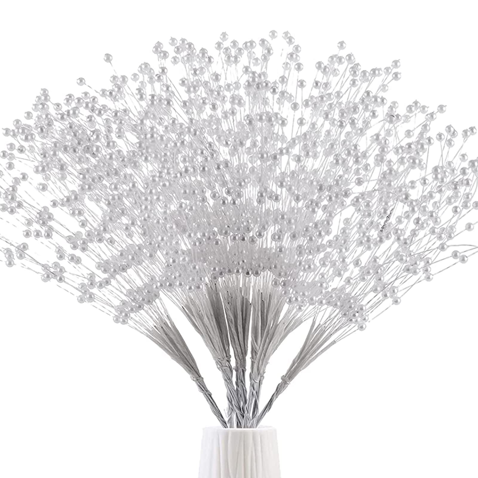 SHAOQINLIN 50pcs 4mm Pearls String Beaded Bouquet Spray Sticks for Bridal Beaded Wedding Party Table Decorations(White)