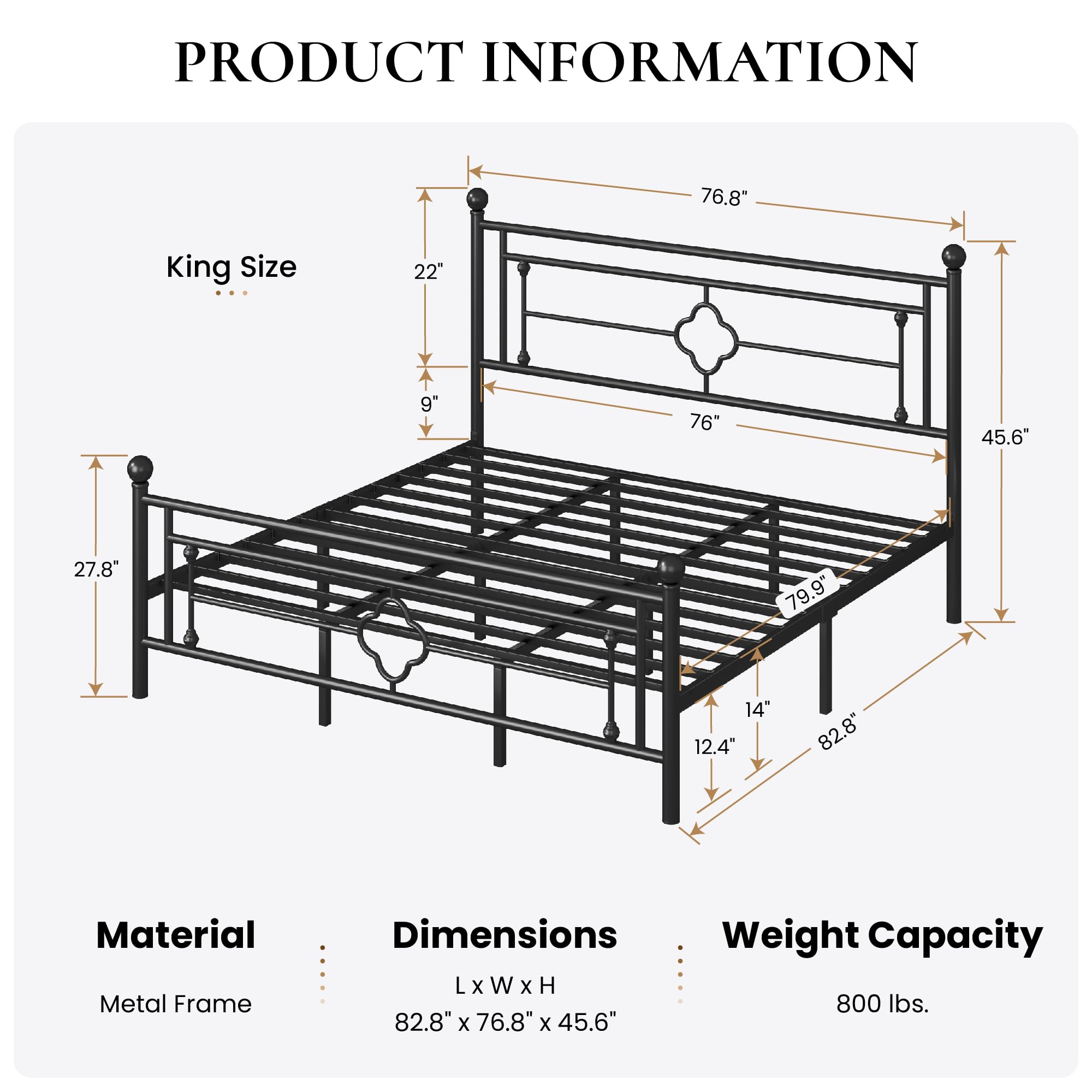 Sha Cerlin 14 Inches King Size Metal Platform Bed Frame/Vintage Iron-Art Headboard And Footboard/Mattress Foundation For Storage/No Box Spring Needed/Noise-Free/Easy Assembly/Black