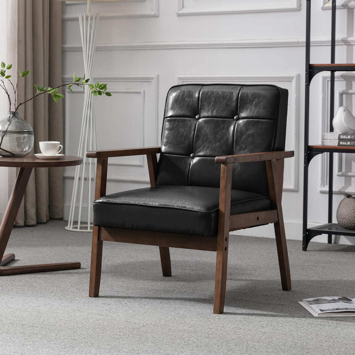 Okeysen Mid Century Modern Accent Chair, Retro Wood And Leather Armchairs Side Chair, Lounge Reading Comfy Arm Chair For Living