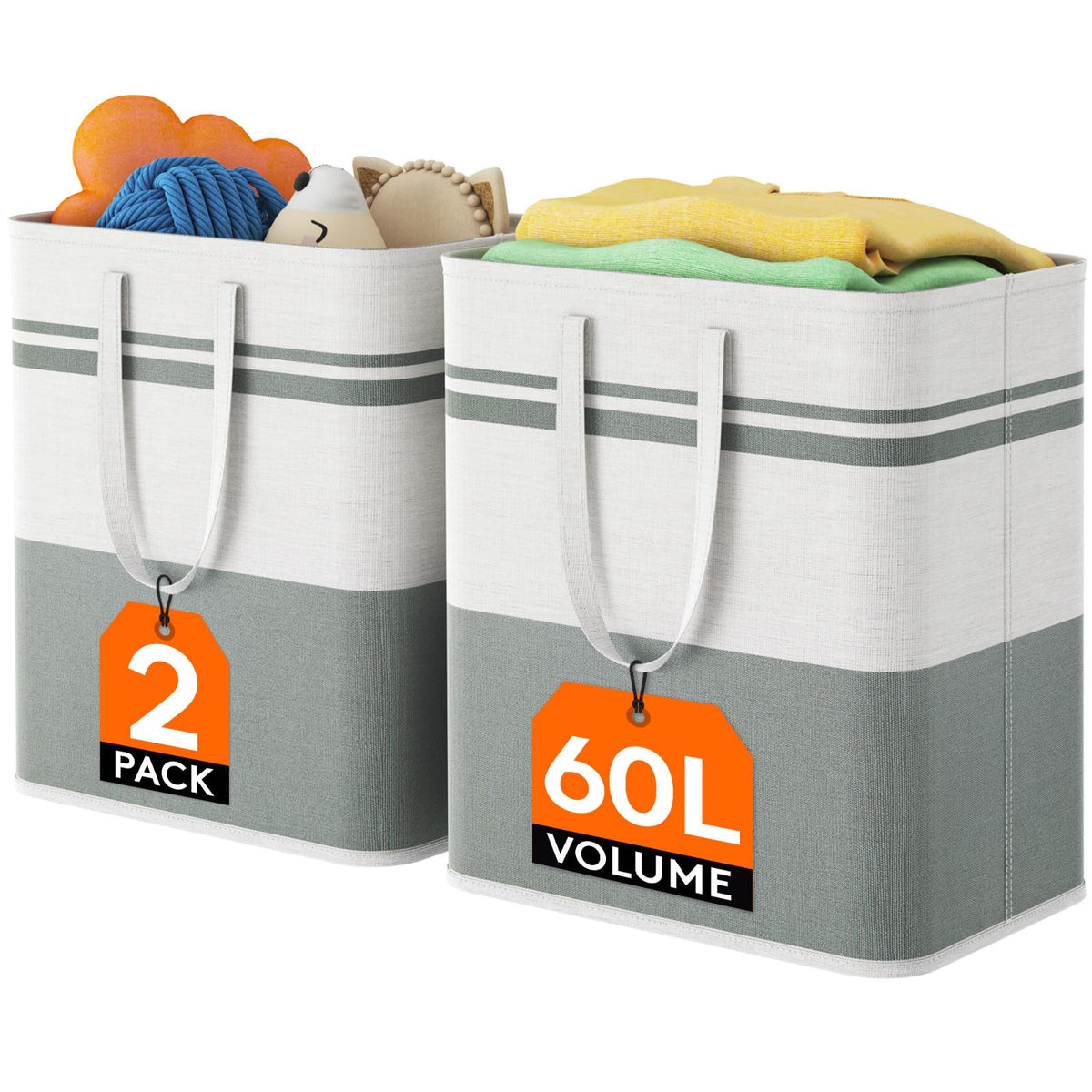 Lifewit 2 Pack 60L Large Freestanding Laundry Hamper, Collapsible Laundry Basket with Easy Carry Handles, Waterproof Tall Clothe