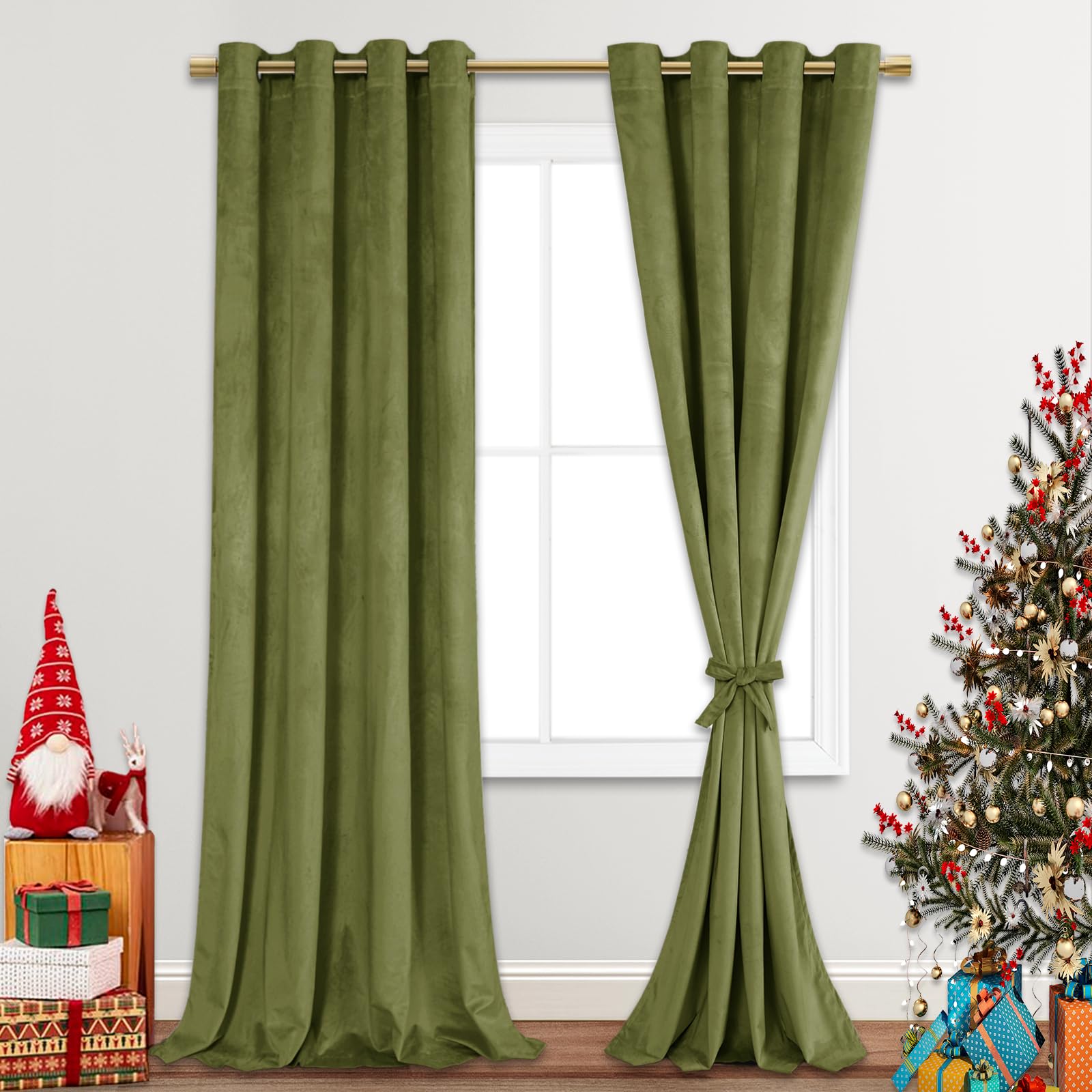 Jiuzhen Moss Green Velvet Curtains 96 Inches Blackout Curtains For Living Room - Thermal Insualted Room Darkening Grommet Thick