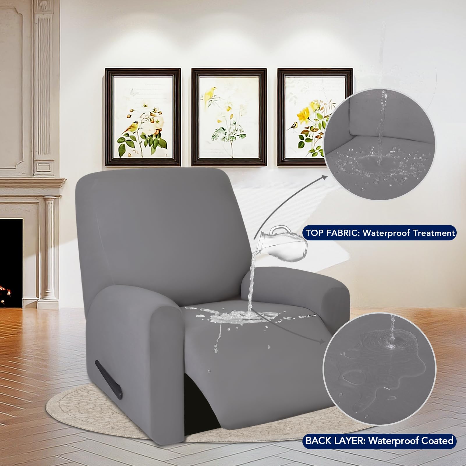 Purefit 100% Dual Waterproof Recliner Cover, Waterproof Couch Cover For Recliner - Stretch Non Slip Fleece Sofa Covers Washable, Leakproof Furniture Protector For Kids, Pets (Recliner, Light Gray)