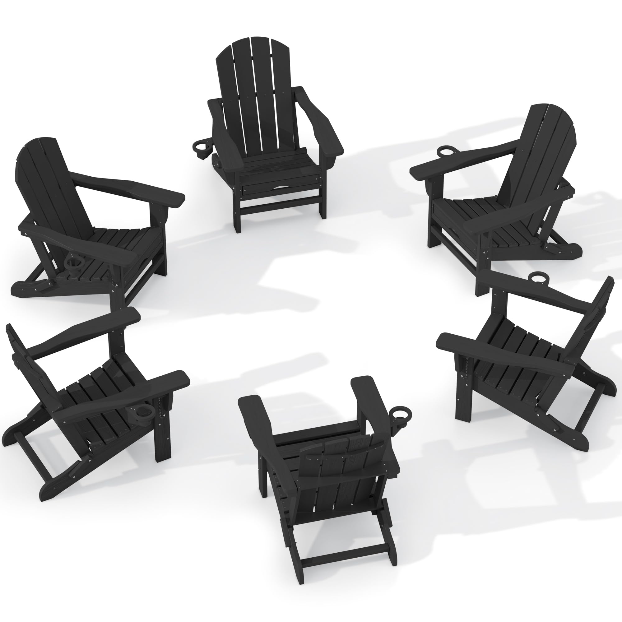 Kingyes Folding Adjustable Adirondack Chair With Retractable Ottoman Set Of 6, Hdpe All Weather Chair With Cup Holder - Versatile Adirondack Chair, Black