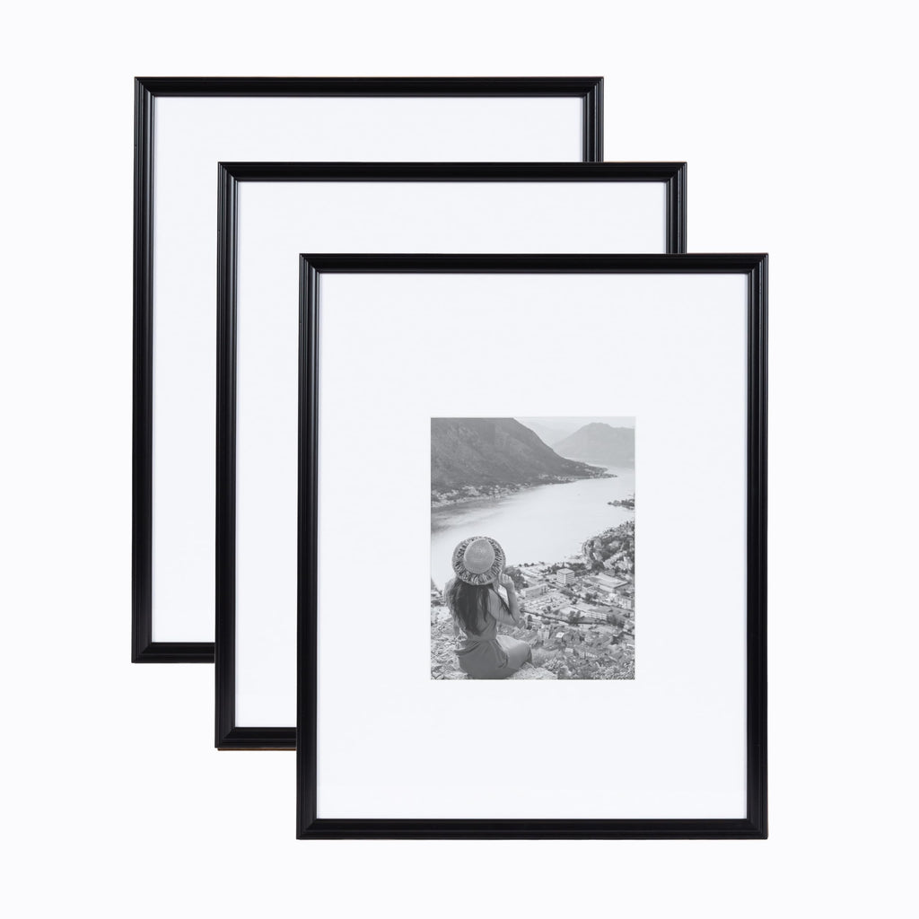 Kate and Laurel Adlynn Rectangle Picture Frame Set of 3, 16 x 20 matted to 8 x 10, Black, Modern Three-Piece Frame Set for Galle
