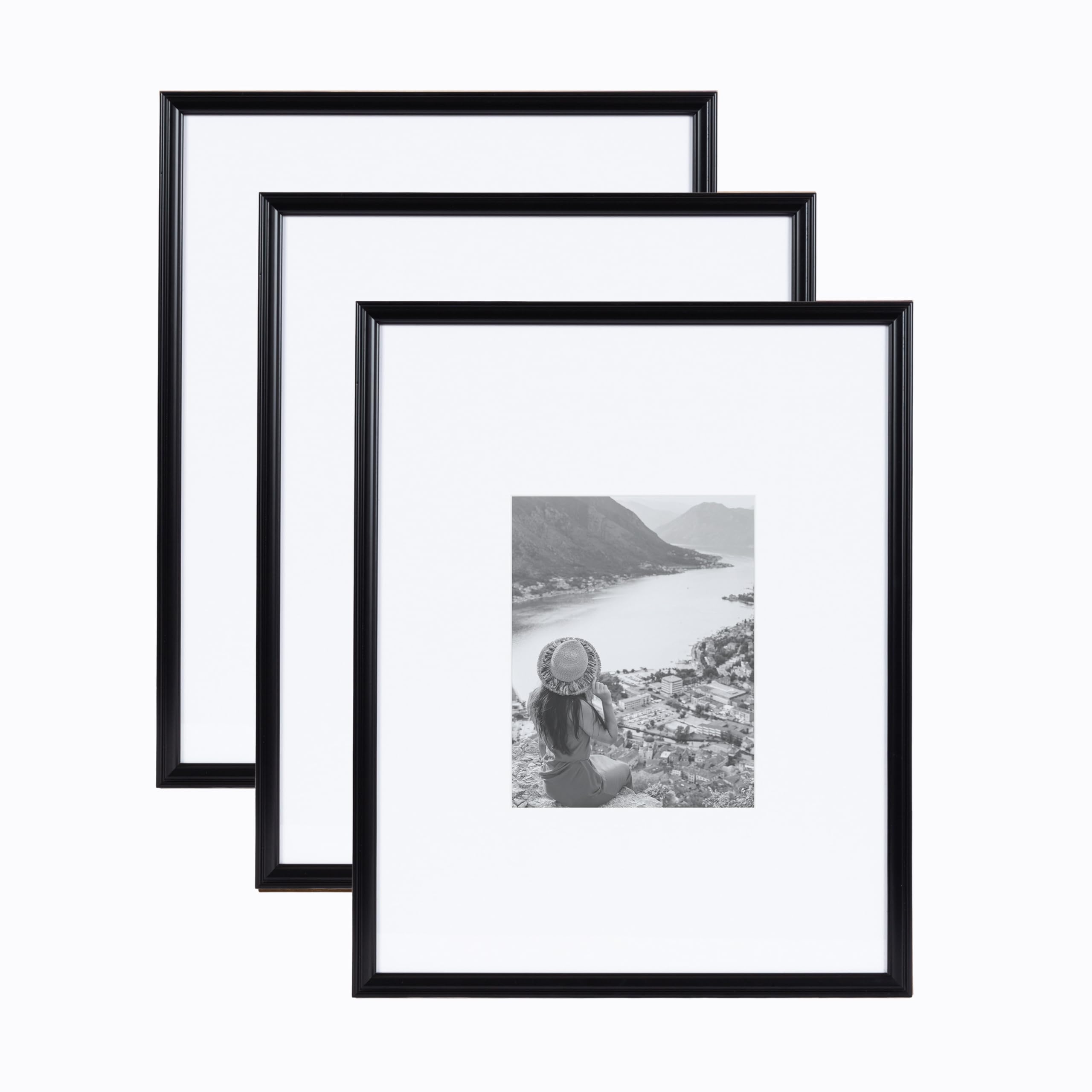 Kate and Laurel Adlynn Rectangle Picture Frame Set of 3, 16 x 20 matted to 8 x 10, Black, Modern Three-Piece Frame Set for Galle