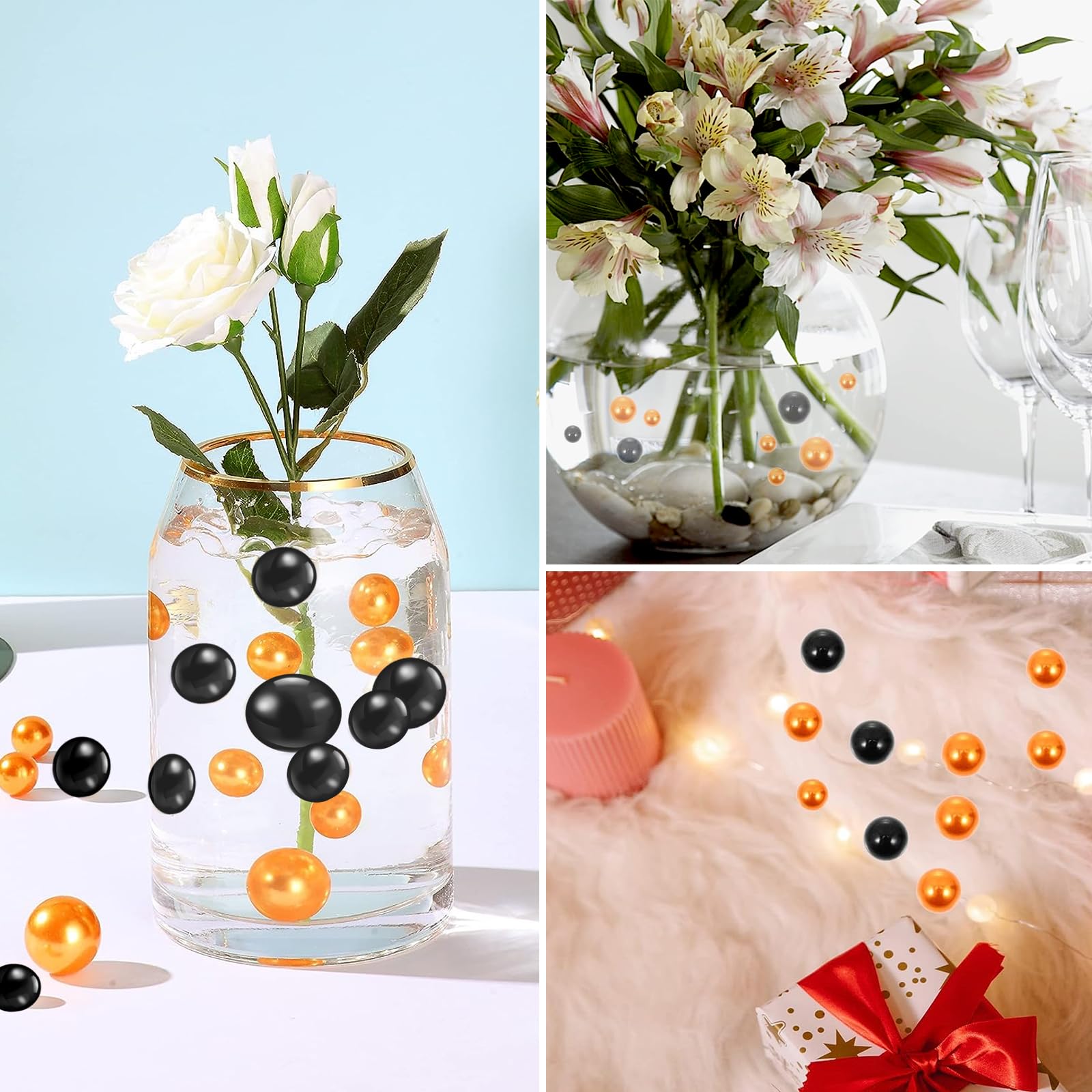 Black Orange Halloween Floating Pearls | 150Pcs Black Orange Pearls Bead For Centerpieces Vases, Black Orange No Hole Beads | 8/