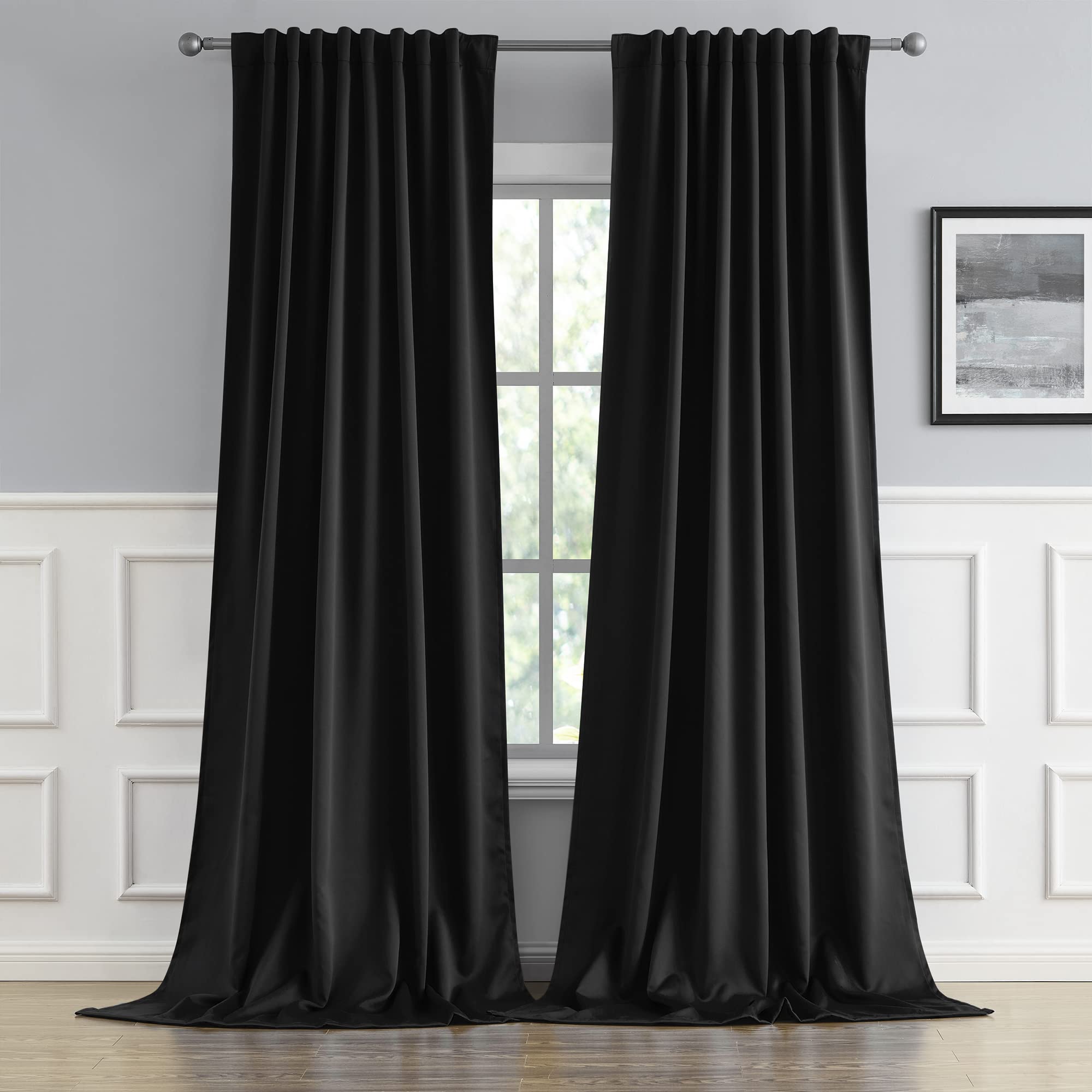 DUALIFE Black Blackout Curtains 105 Inch Long for Living Room, Back Tab and Rod Pocket, Thermal Insulated Room Darkening Drapes 