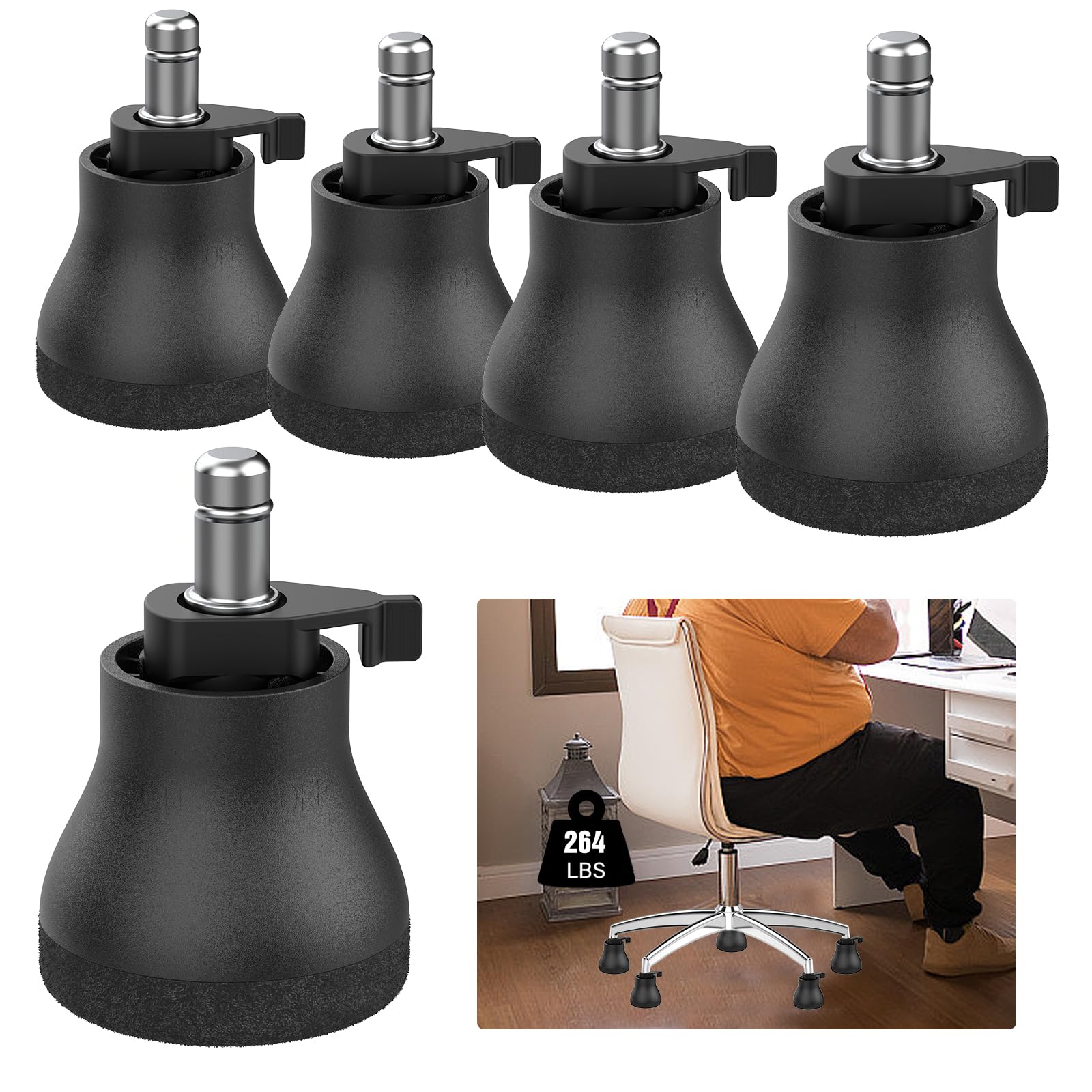 Bell Glides Replacement Office Chair Set Of 5,Office Chair Wheels With Felt Pads, Bell Glides With Glide And Stopper, On/Off Set