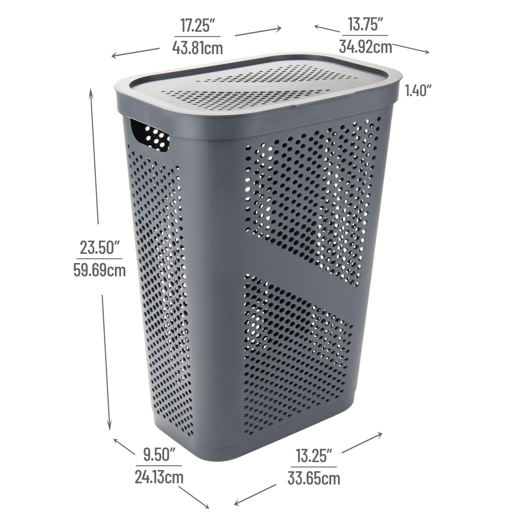 Mind Reader 60L Slim Laundry Hamper, Clothes Basket, Lid, Ventilated, Plastic, 17.25''L X 13.75''W X 23.5''H, Set Of 2, Gray