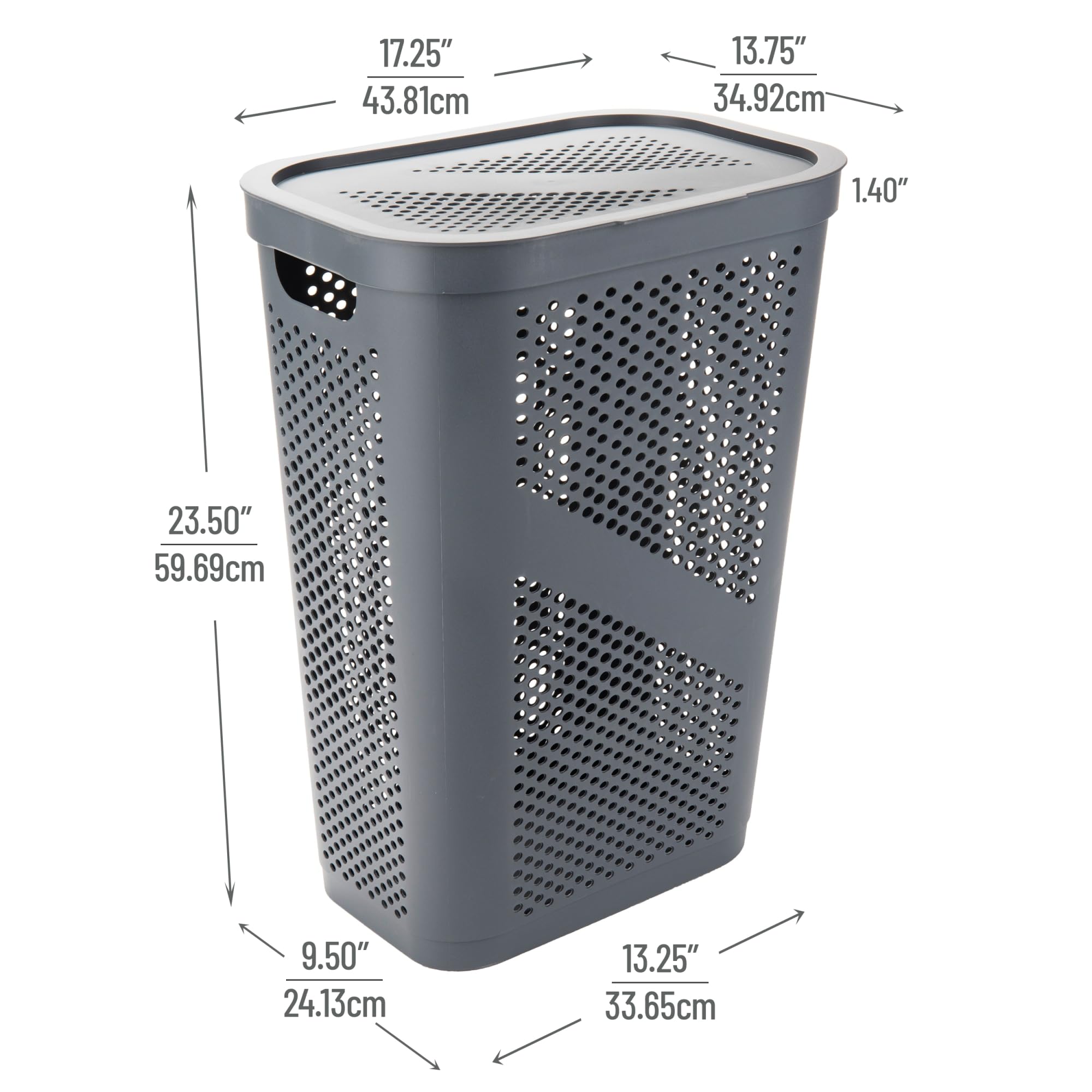 Mind Reader 60L Slim Laundry Hamper, Clothes Basket, Lid, Ventilated, Plastic, 17.25''L X 13.75''W X 23.5''H, Set Of 2, Gray
